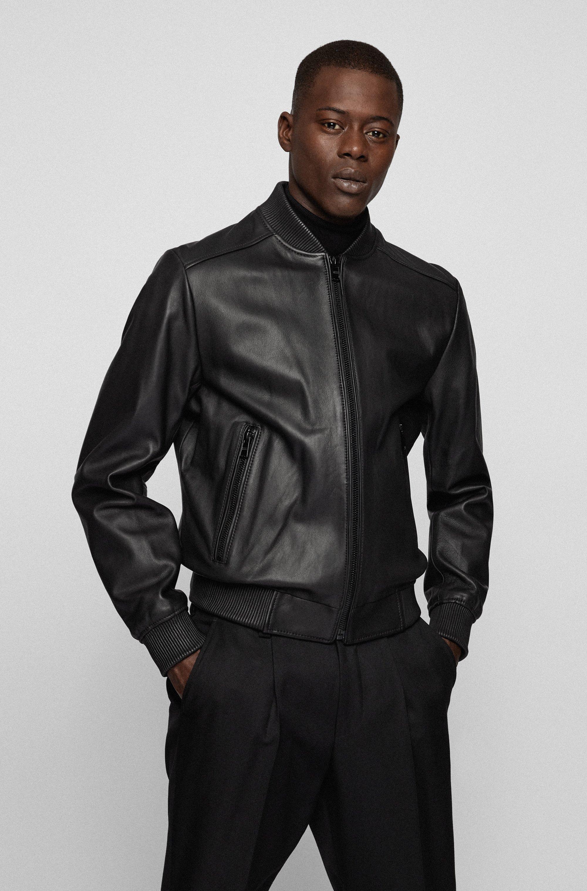BOSS by HUGO BOSS Zip-up Bomber Jacket In Lamb Leather in Black for Men |  Lyst