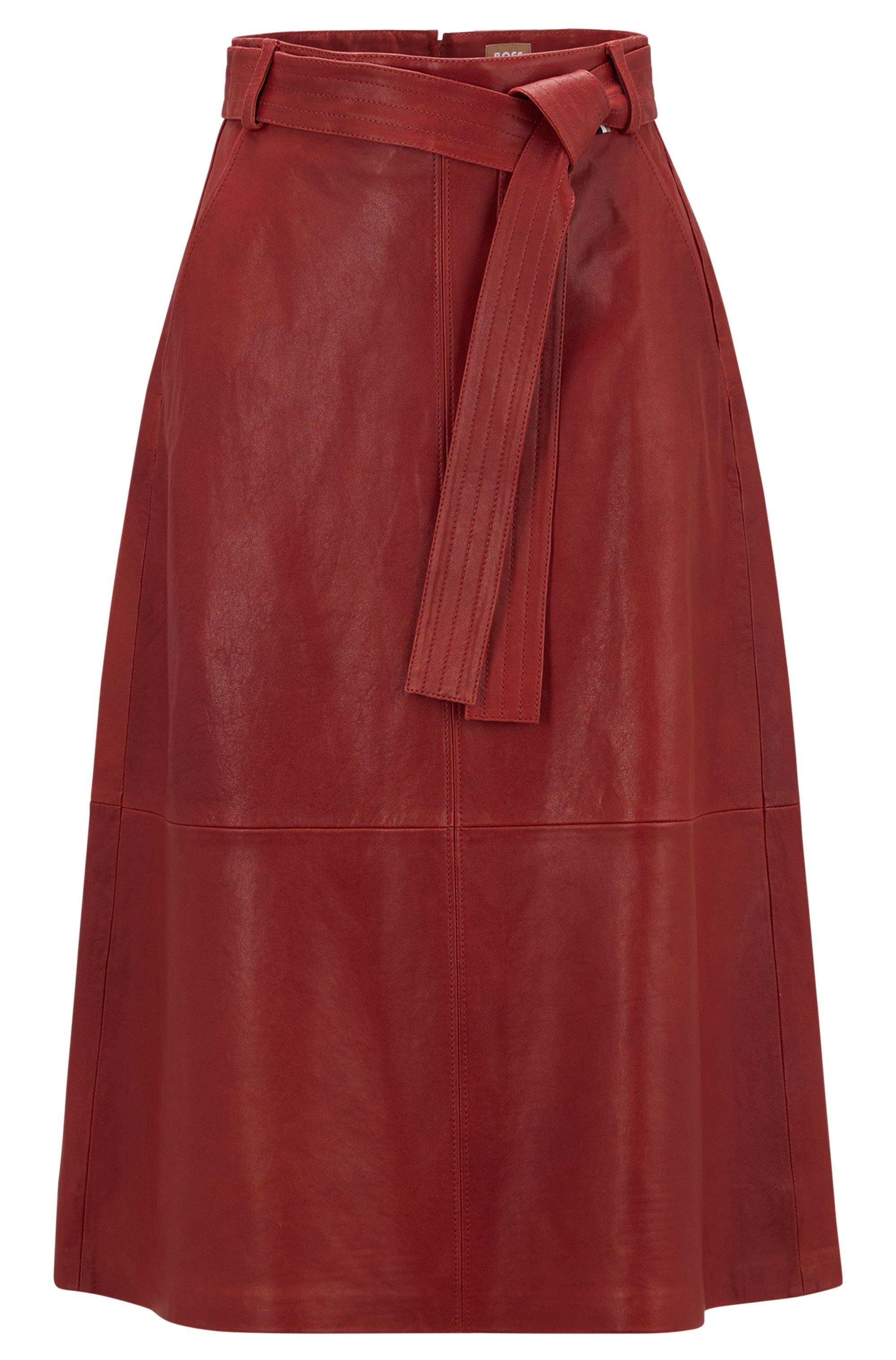 BOSS by HUGO BOSS Nappa-leather A-line Skirt With Belted Waist in Red | Lyst