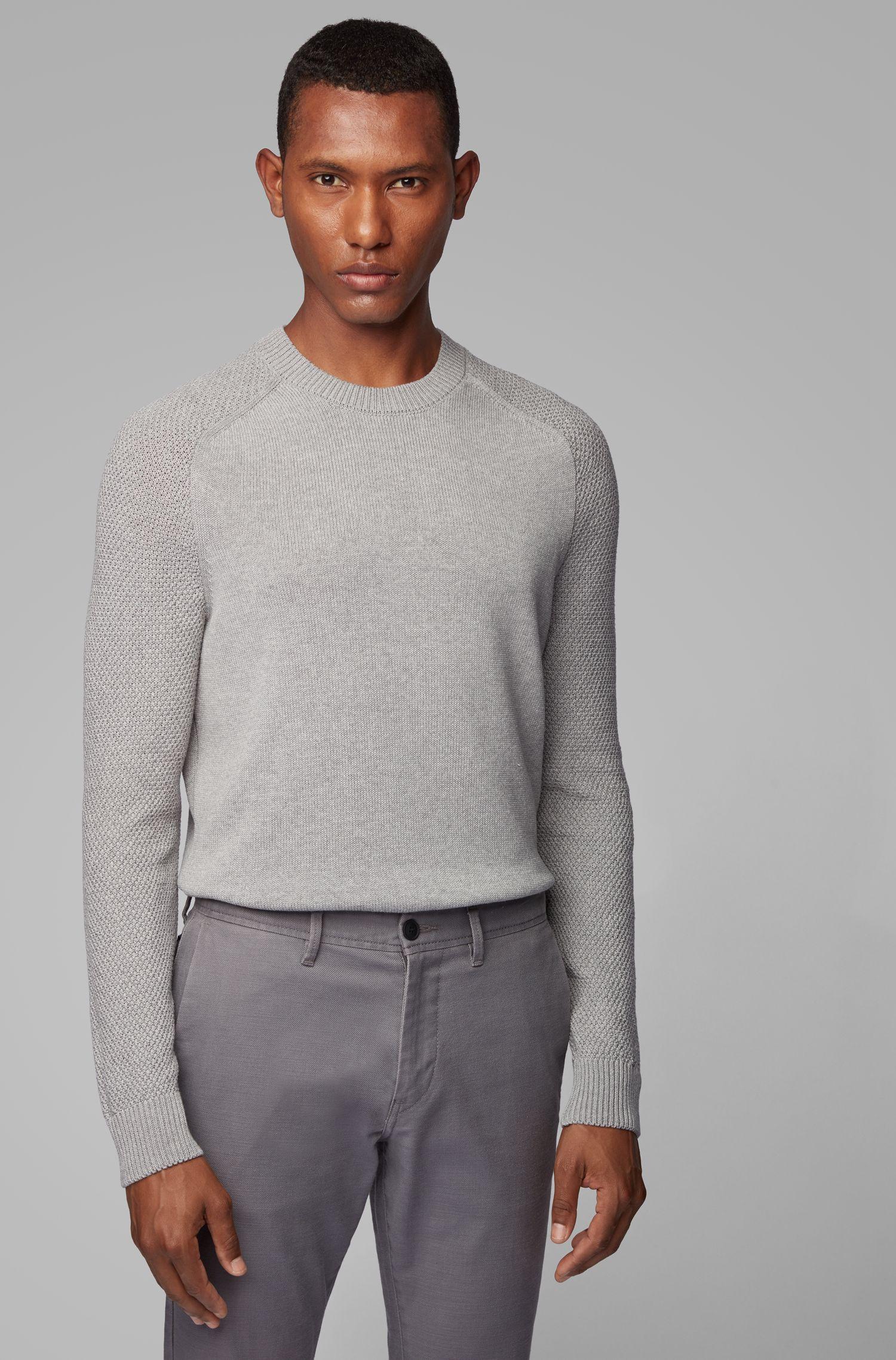 BOSS Cotton Crew-neck Sweater With Structured-knit Sleeves in Silver ...