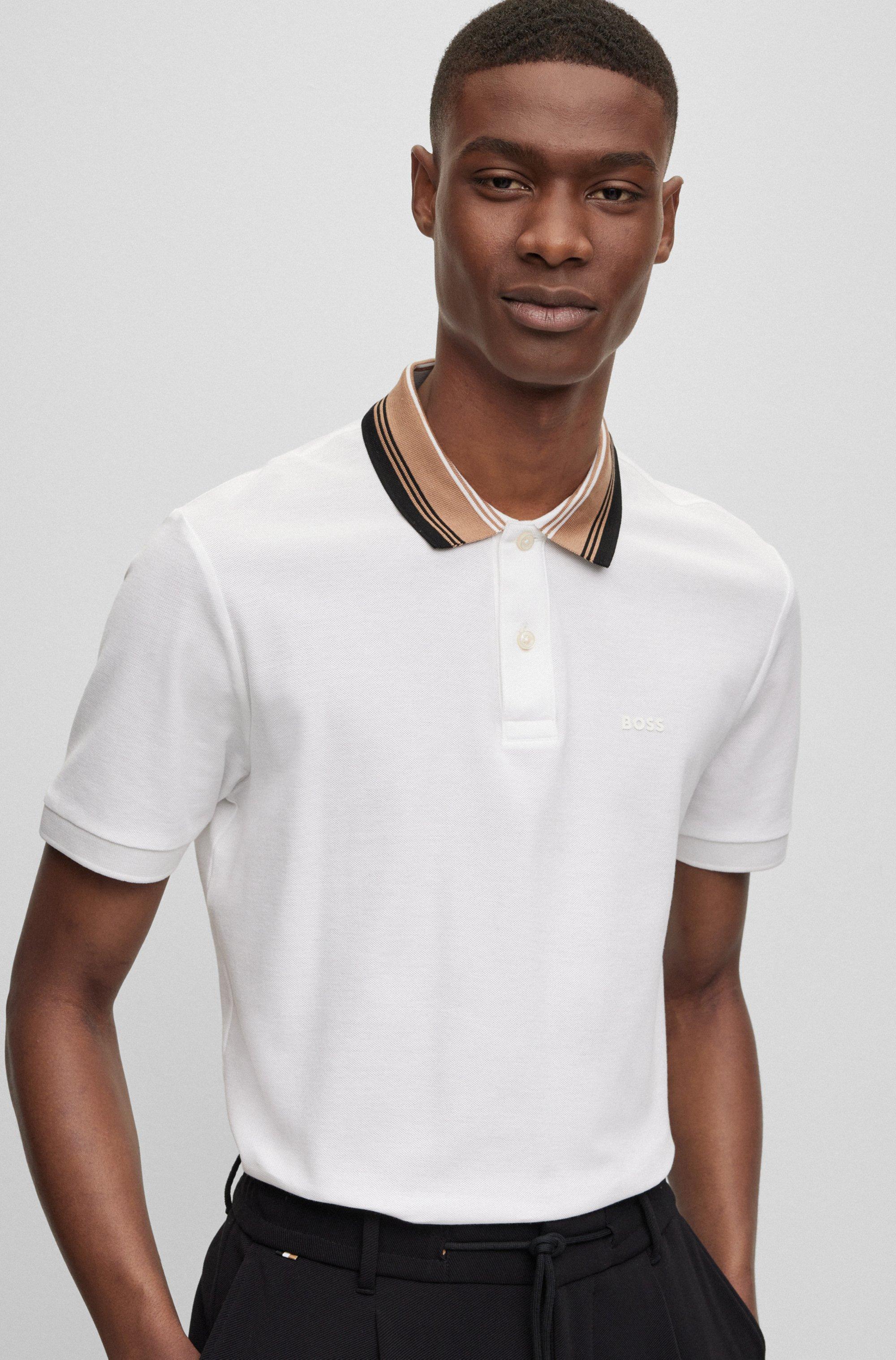 BOSS by HUGO BOSS Cotton-piqu Slim-fit Polo Shirt With Striped Collar in  White for Men | Lyst