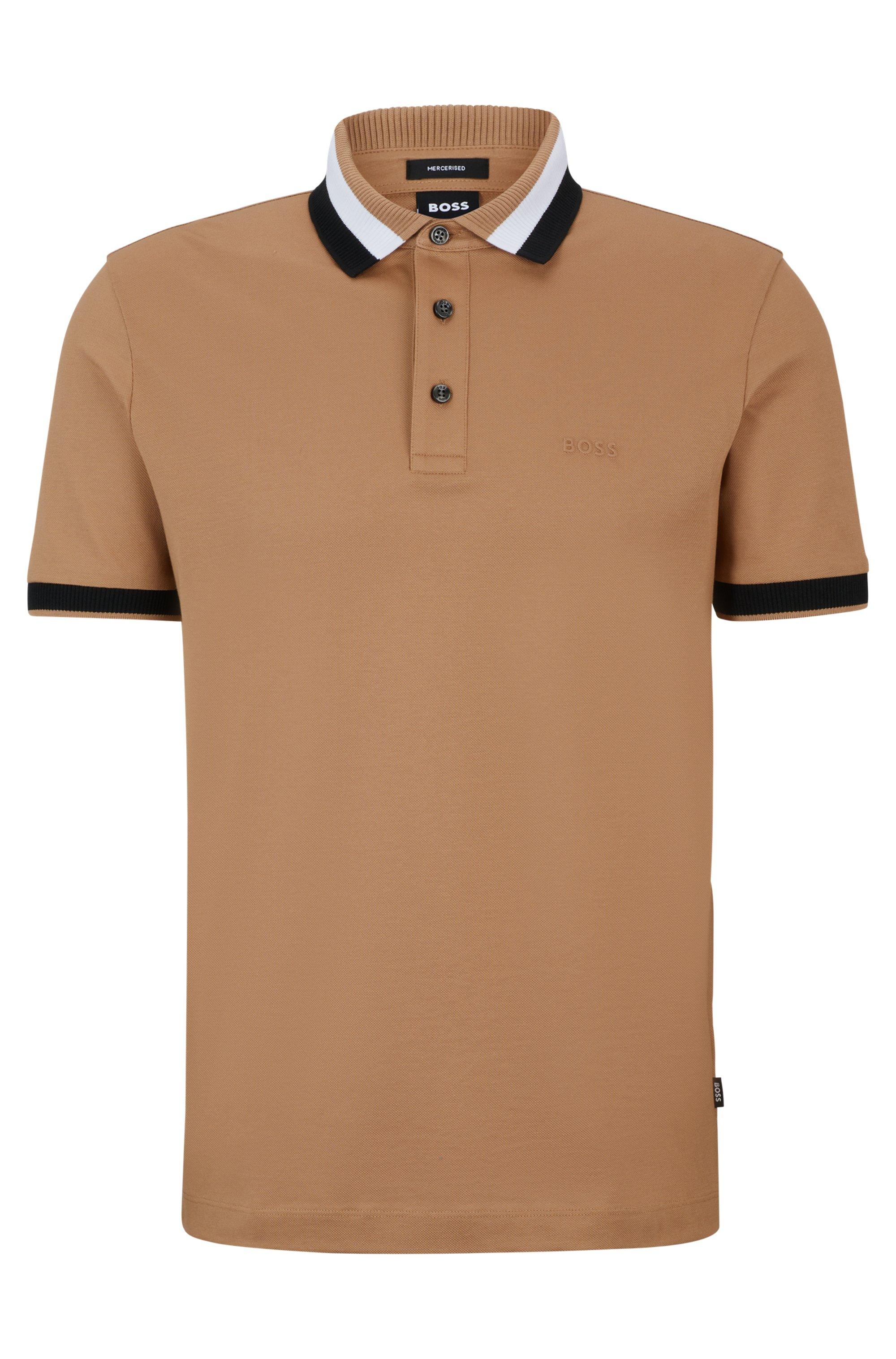 Shop BOSS Mercerized Cotton Polo Shirt with Signature Stripe Collar