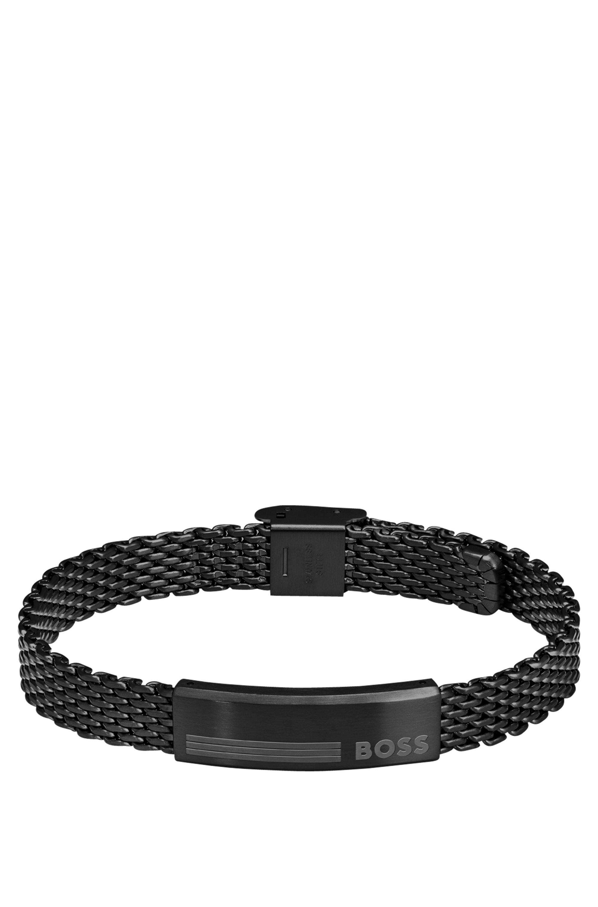 BOSS Black-steel Mesh Cuff With Logo Plate Men's Jewellery for Men