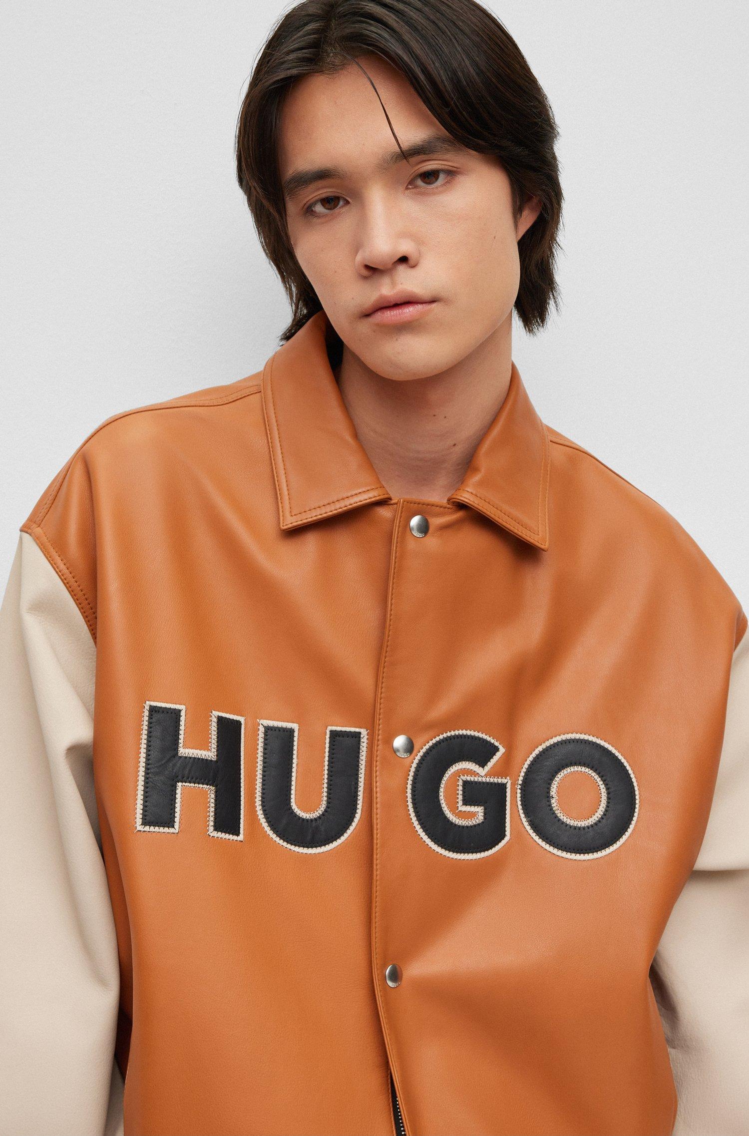 HUGO Colour blocked Logo Varsity Jacket In Leather in Brown for