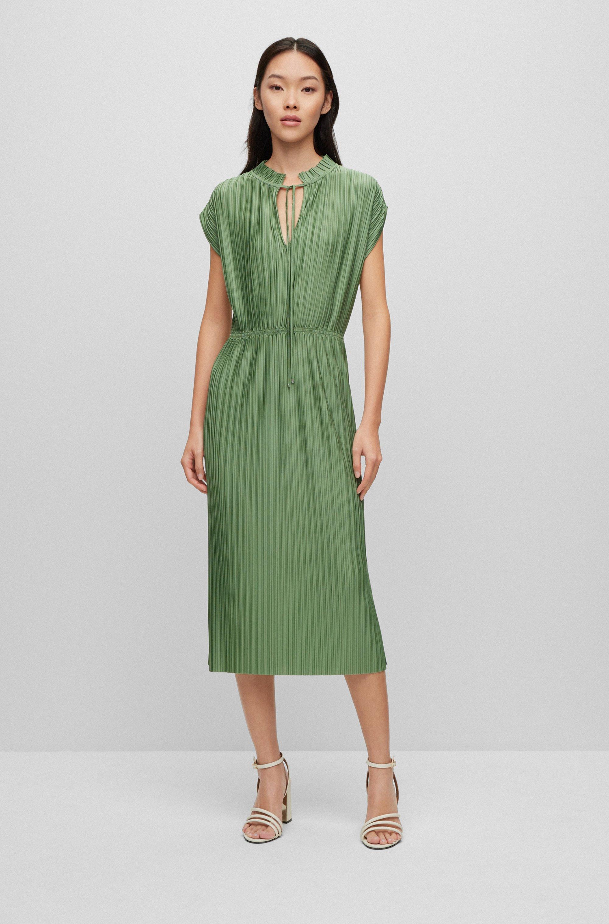 BOSS by HUGO BOSS Plissé Jersey Dress With Tie Neckline in Green | Lyst