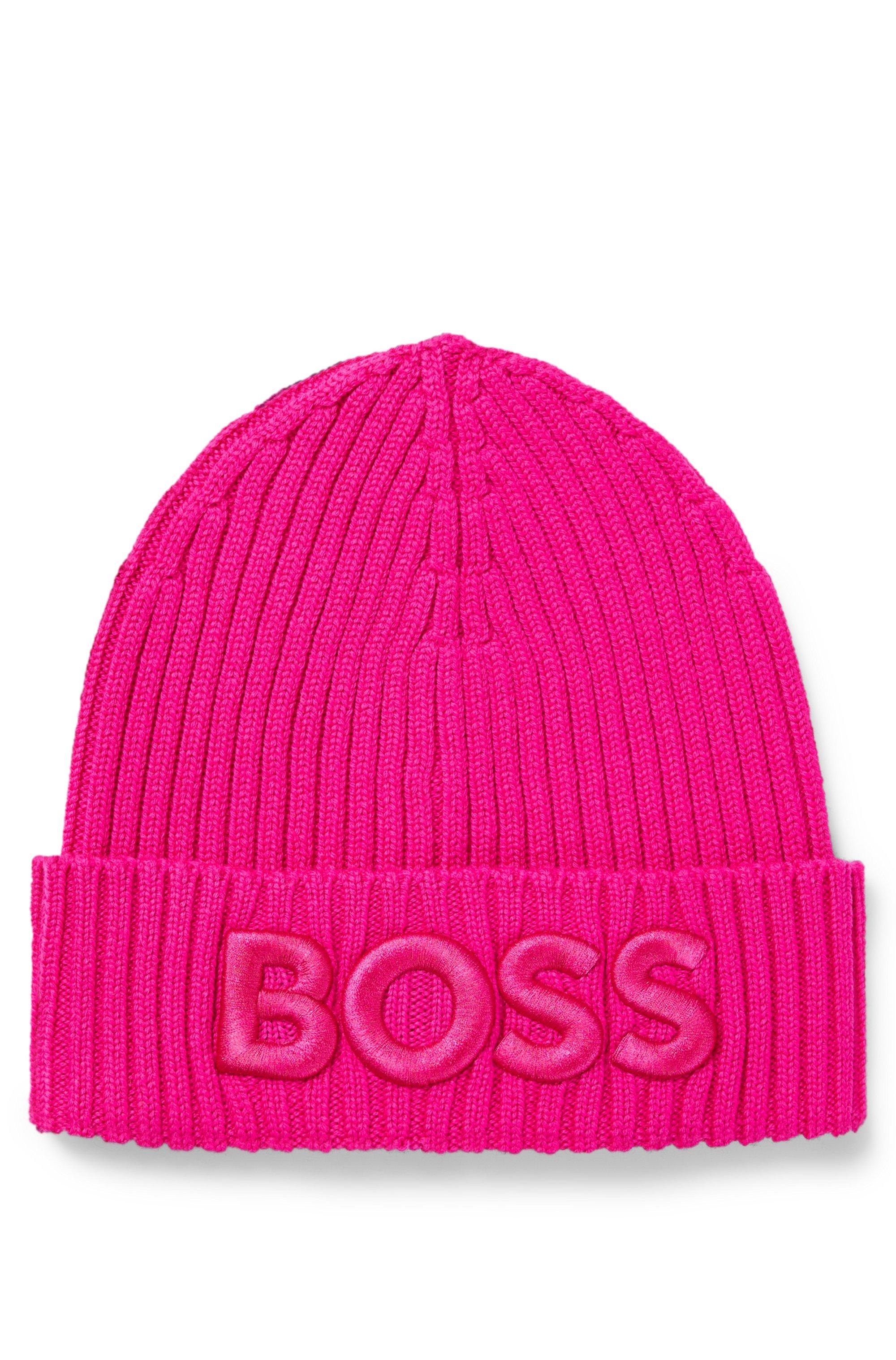 BOSS Logo-embroidered Rib-knit Beanie Hat In Virgin Wool in Pink
