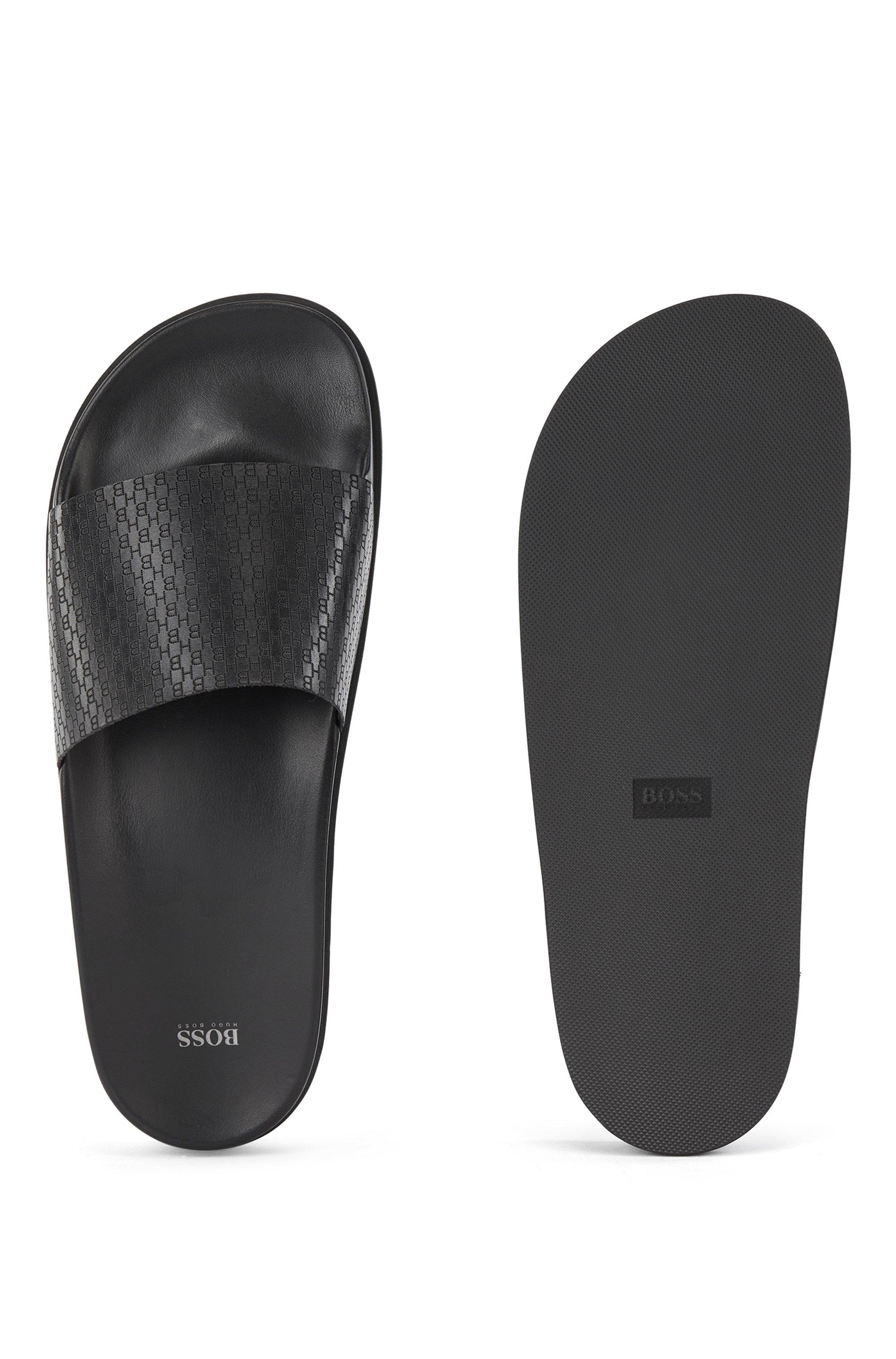 BOSS by HUGO BOSS Leather Slides With Lasered-monogram Strap in Black for  Men | Lyst