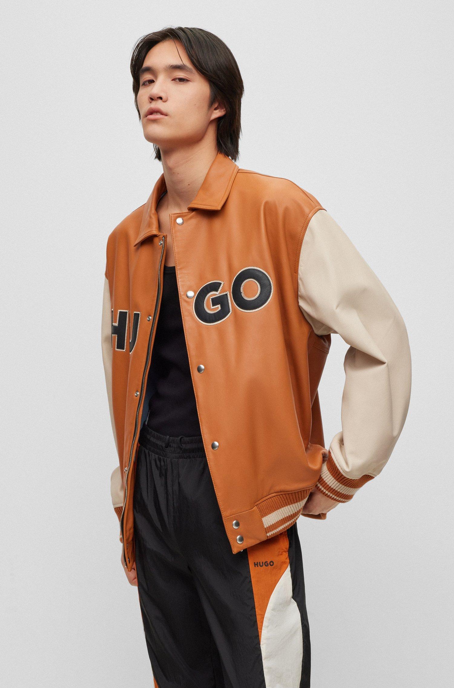 HUGO Colour-blocked Logo Varsity Jacket In Leather in Brown for