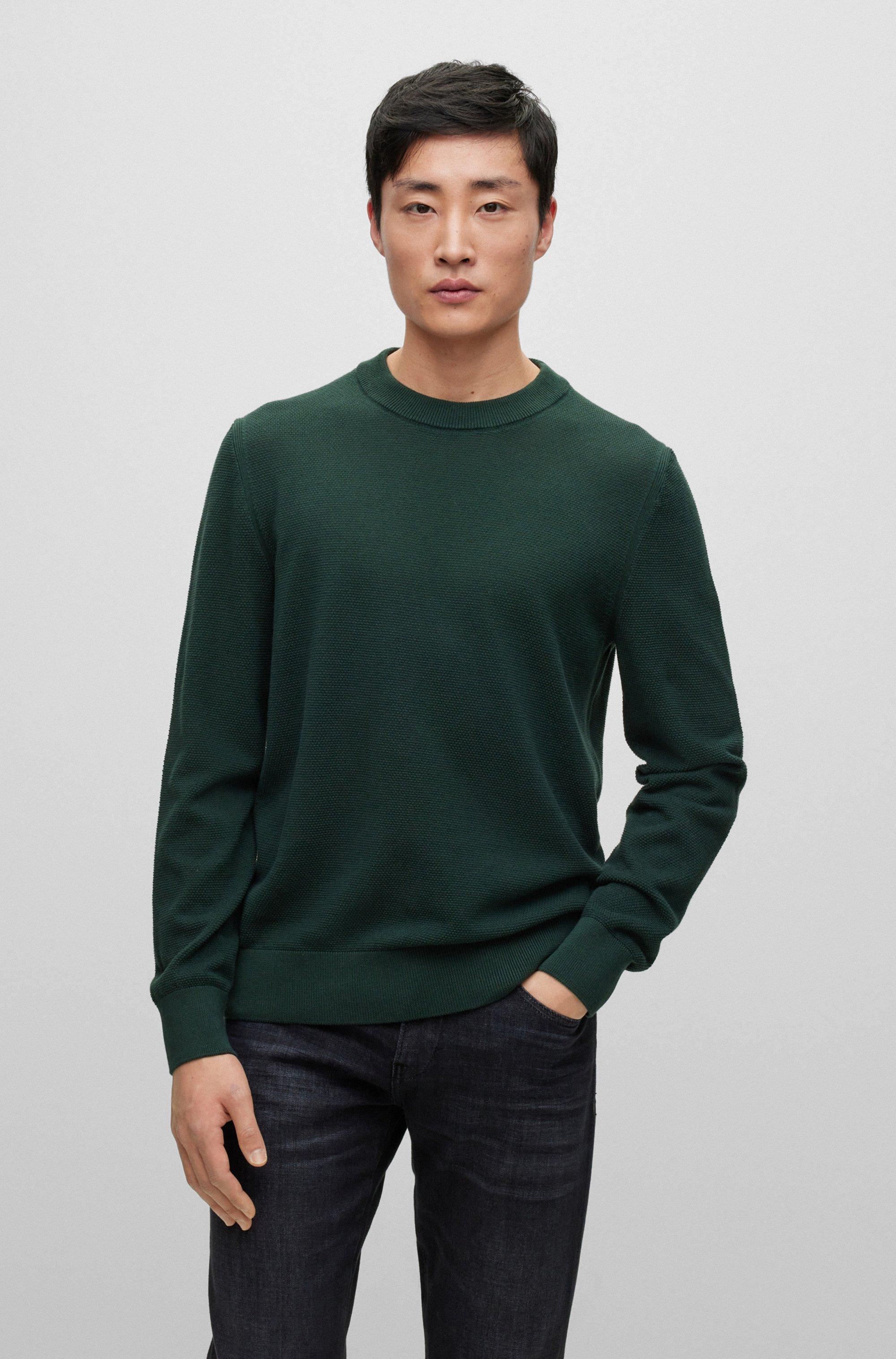 BOSS Crew-neck Sweater In Structured Cotton With Stripe Details in Green  for Men | Lyst