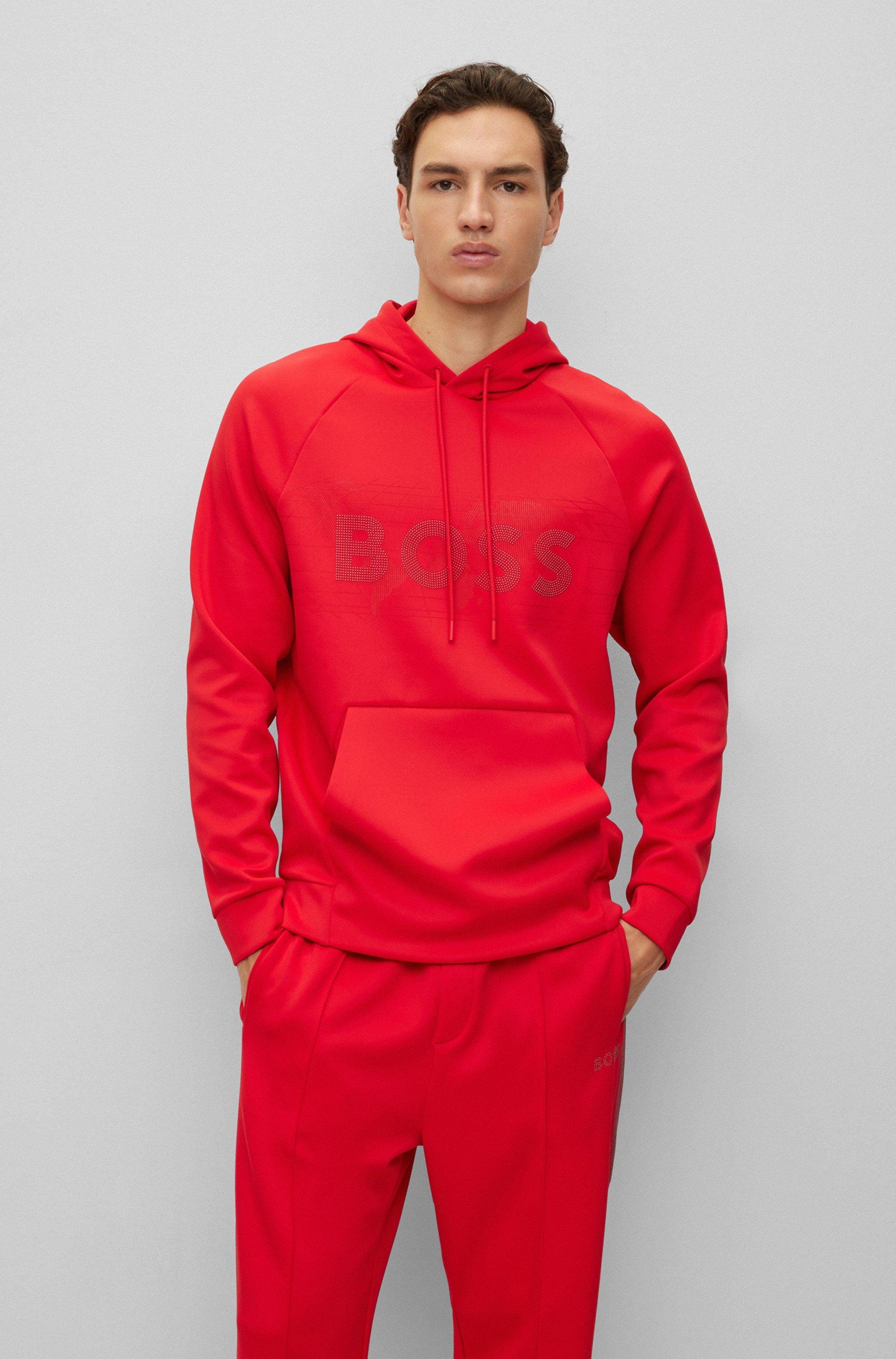 BOSS by HUGO BOSS Stretchinterlock Relaxedfit Hoodie With Rhinestone Logo in Red for Men Lyst