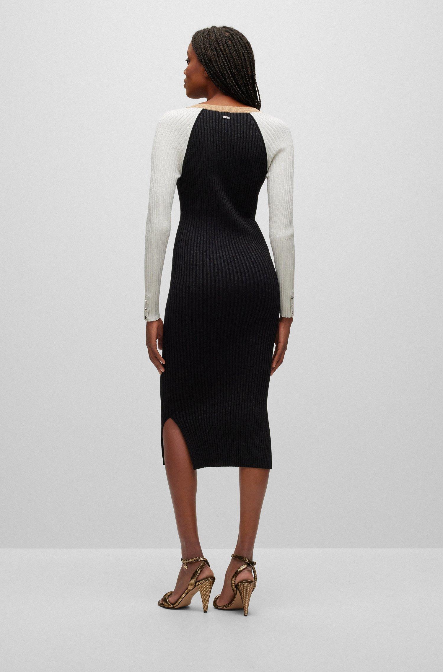 BOSS Long-sleeved Knitted Dress With Metalized Fibers in Black