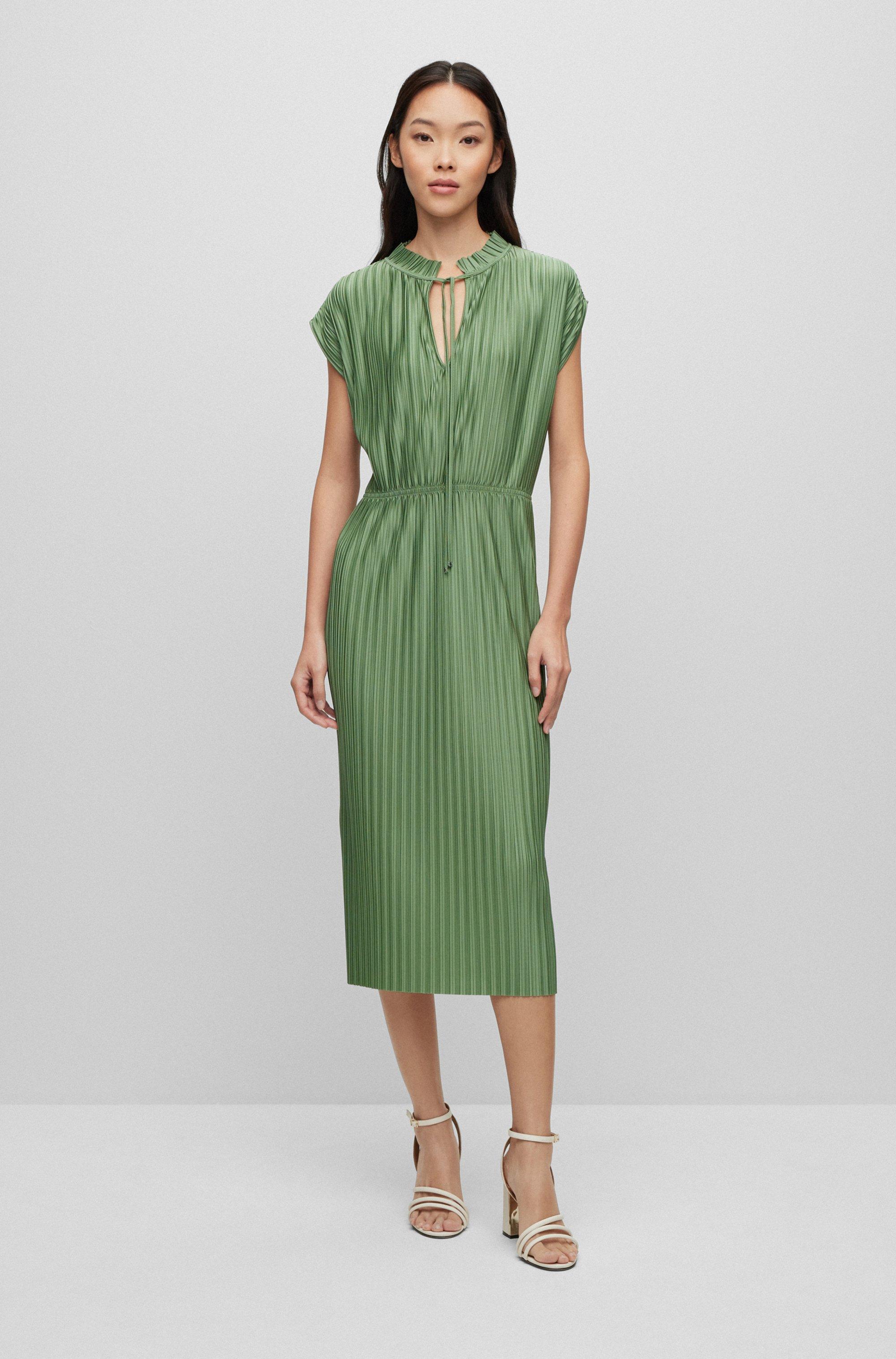 BOSS by HUGO BOSS Plissé Jersey Dress With Tie Neckline in Green | Lyst