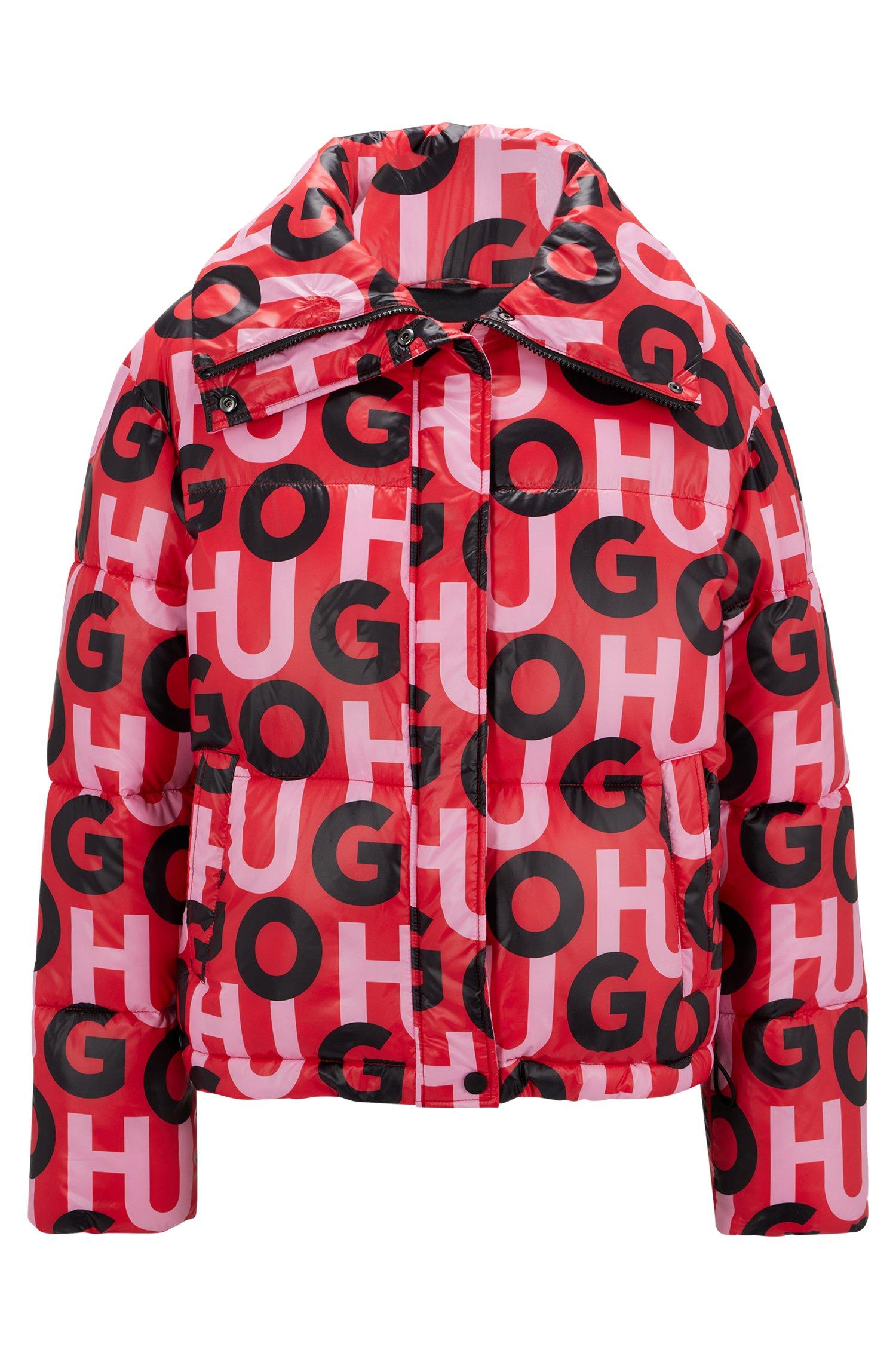 HUGO High shine Stacked logo Puffer Jacket With Oversized Collar in Red Lyst UK