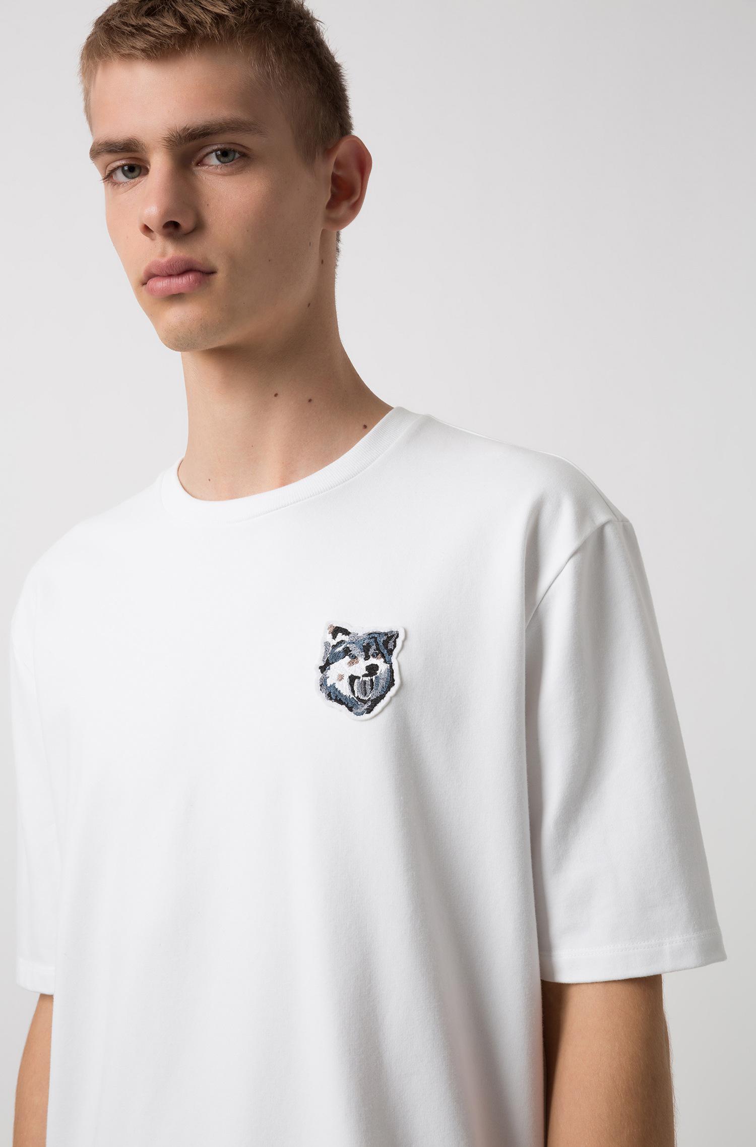 HUGO Cotton Oversized-fit T-shirt In French Terry With Wolf Badge in White for Men - Lyst