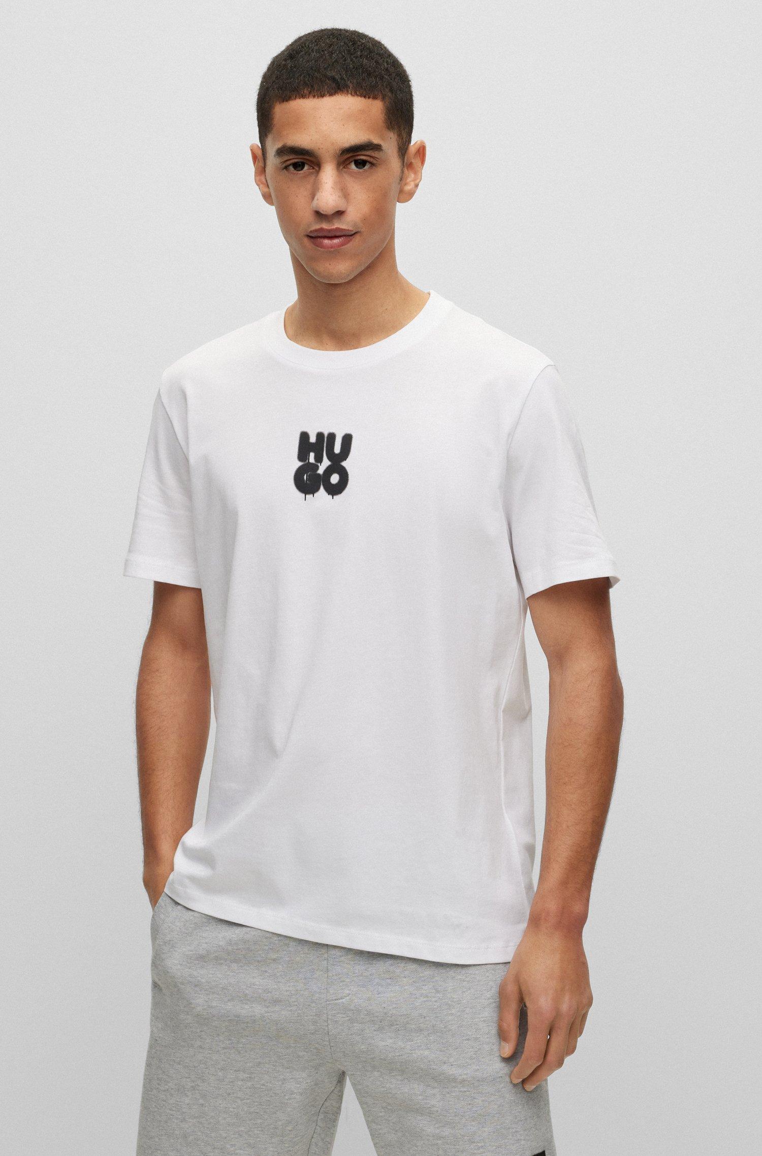 HUGO Cottonjersey Tshirt With Graffitistyle Stacked Logo in White