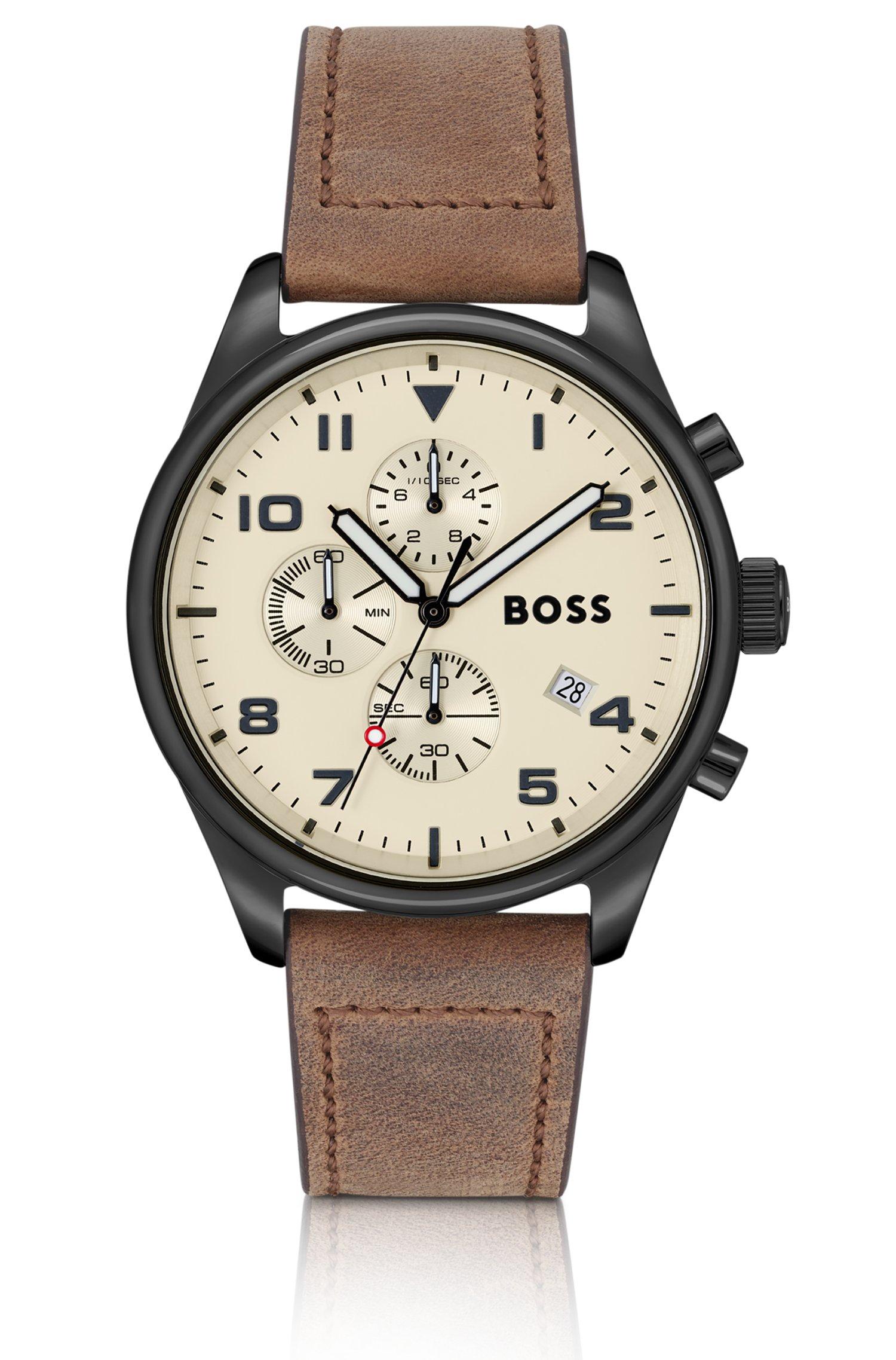 BOSS Leather strap Chronograph Watch With Beige Dial Men s Watches for Men Lyst Canada