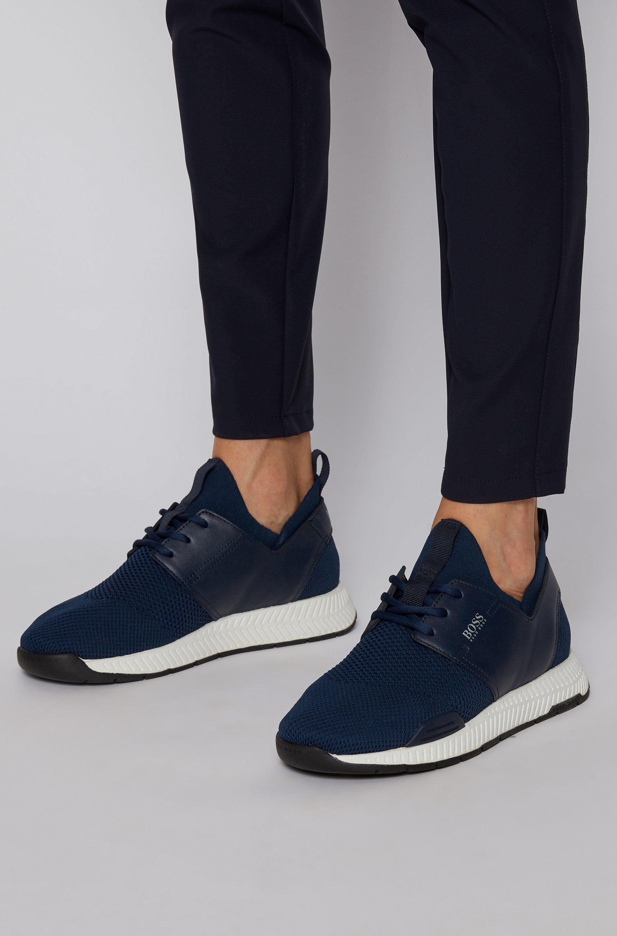 BOSS by HUGO BOSS Unisex Stretch-knit Trainers With Leather Panels- Dark  Blue Women's Sneakers Size 8 | Lyst