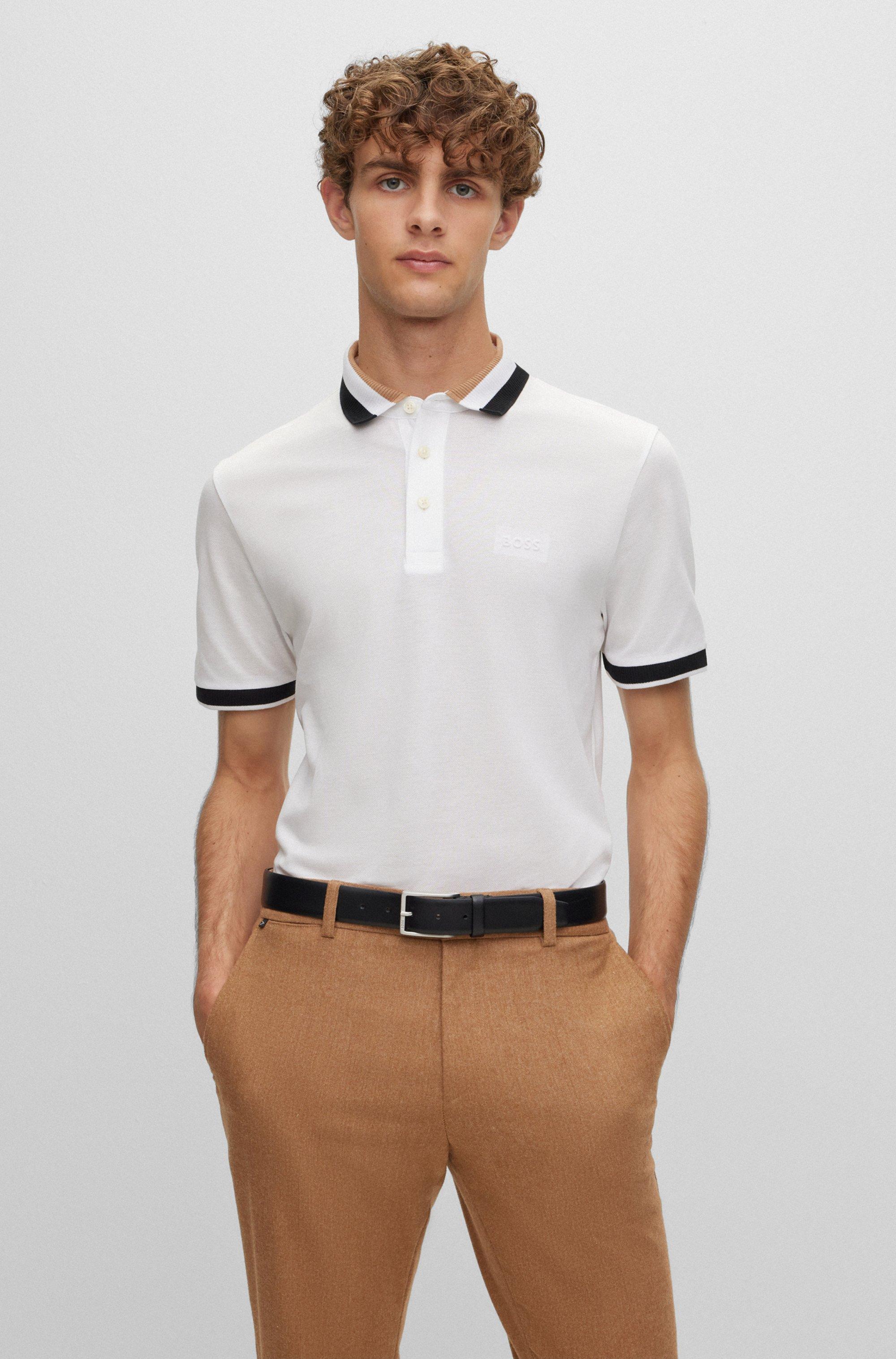 BOSS by HUGO BOSS Mercerized-cotton Polo Shirt With Signature-stripe Collar  in White for Men
