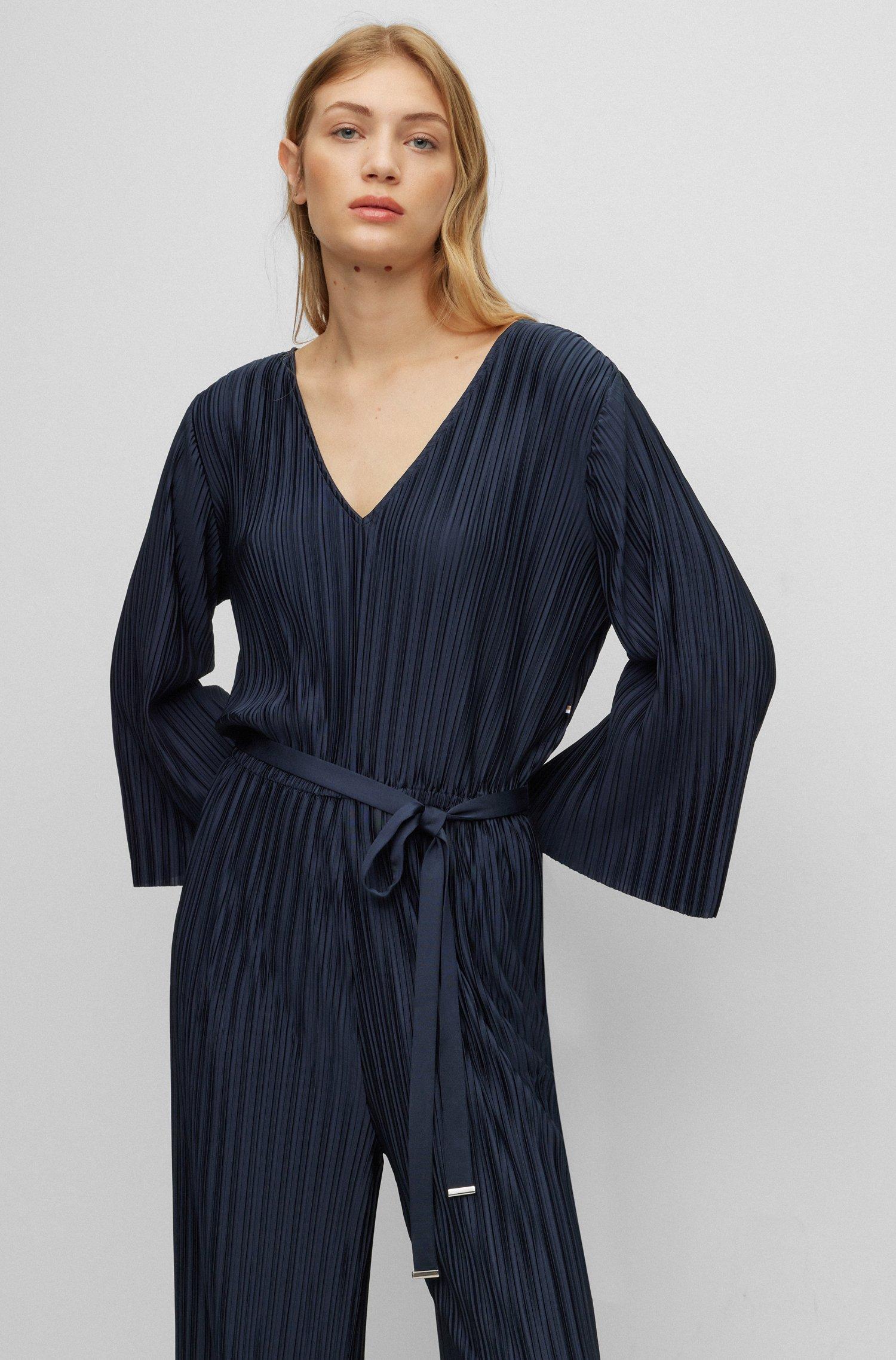 BOSS Long-sleeved V-neck Jumpsuit With Plissé Pleats in Blue