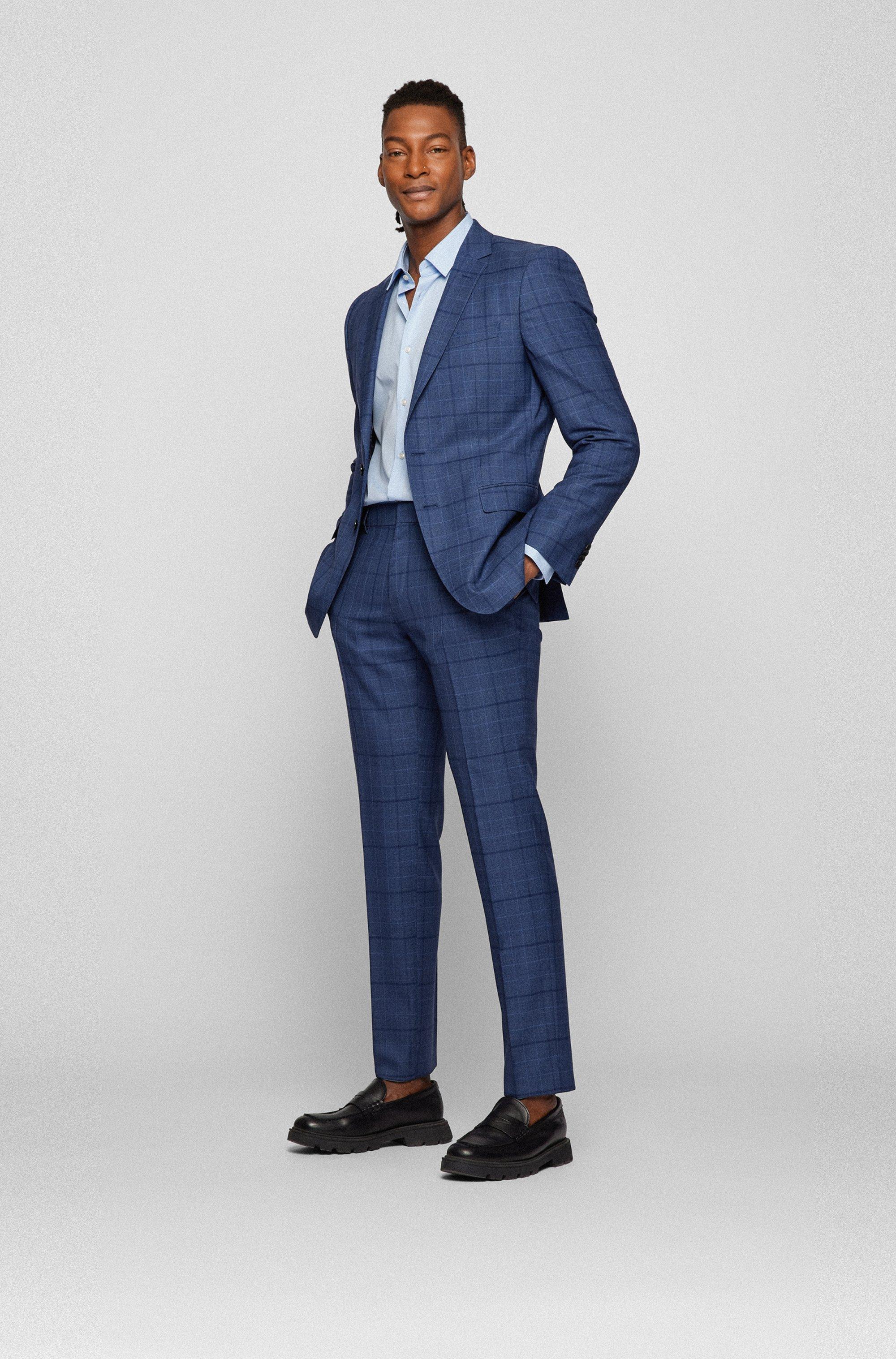 BOSS by HUGO BOSS Slim-fit Suit In Checked Virgin-wool Serge in Blue for  Men | Lyst