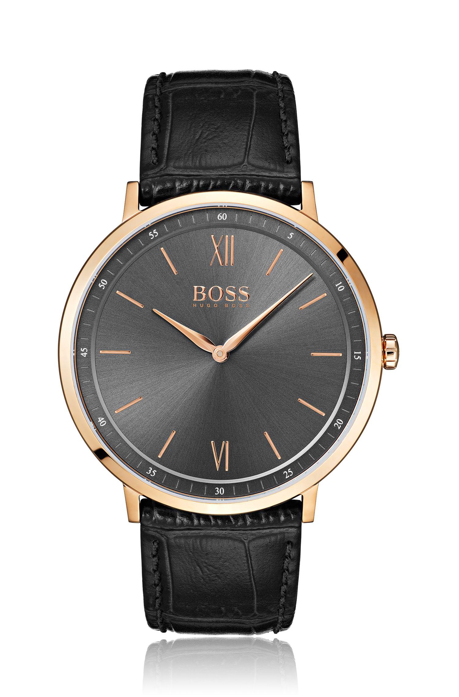 BOSS by Hugo Boss Leather Rosegoldplated Watch With Gray Sunray