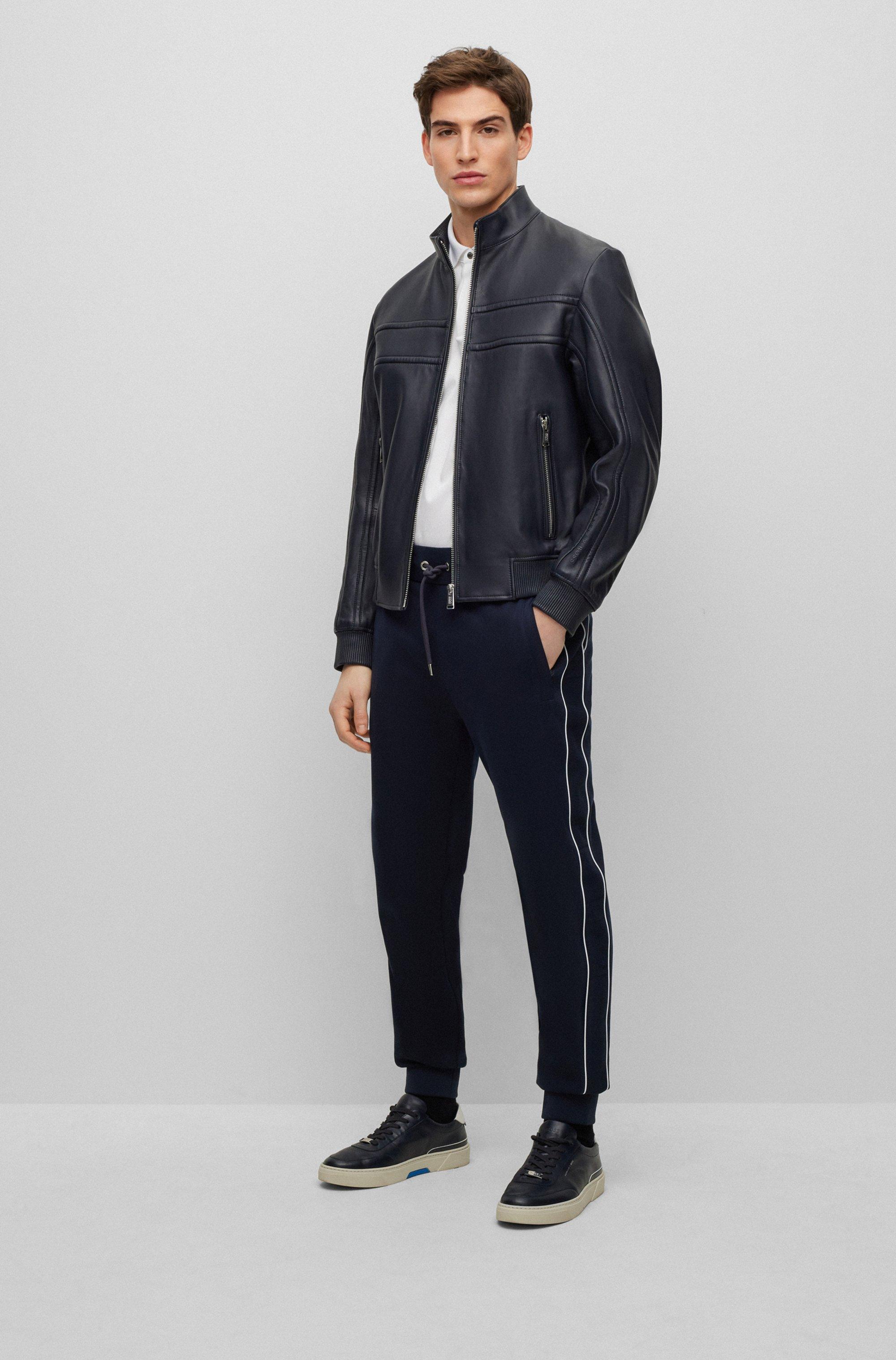 Hugo boss navy leather jacket sales