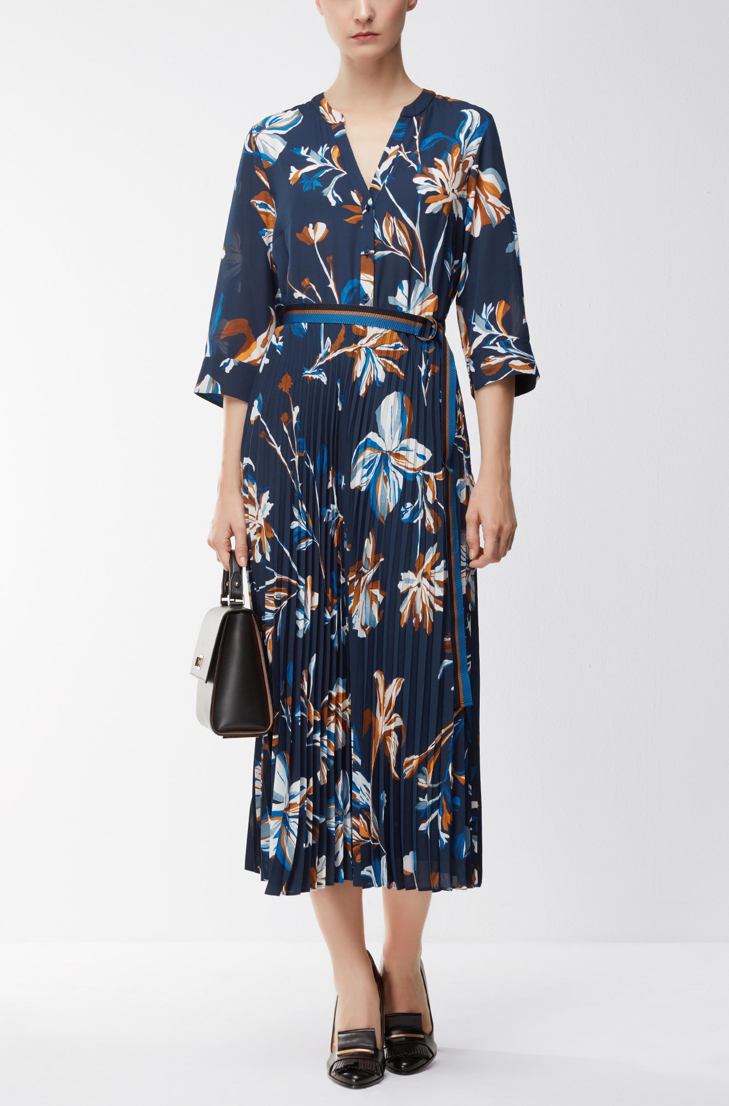BOSS by HUGO BOSS Synthetic Floral-print Belted Dress With Plissé Pleated  Skirt in Patterned (Blue) - Lyst