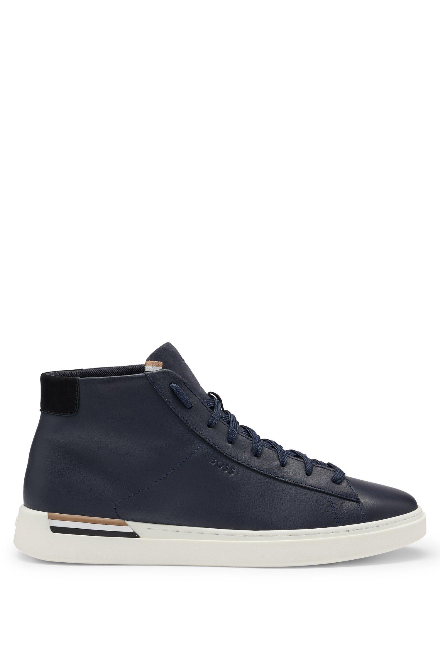 BOSS Leather High top Trainers With Signature stripe Sole in Blue