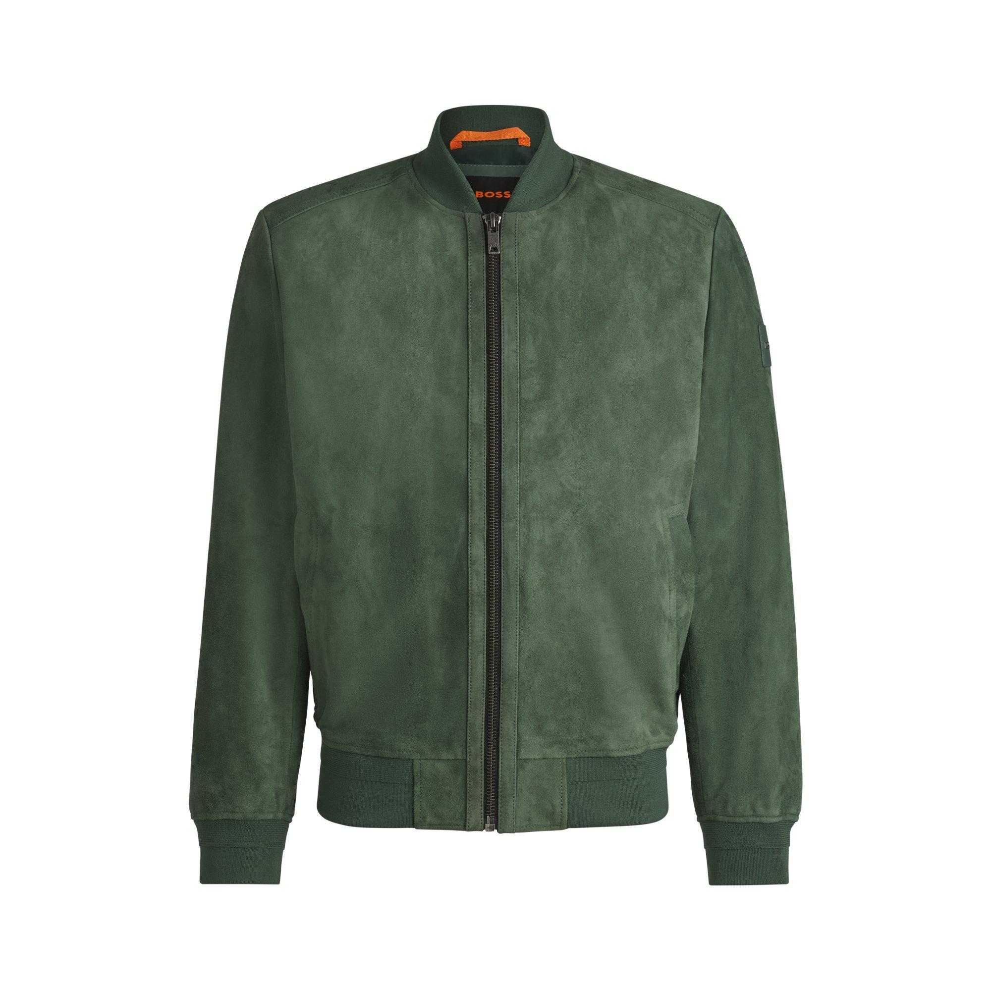 BOSS Suede Bomber Jacket With Ribbed Trims in Green for Men Lyst UK
