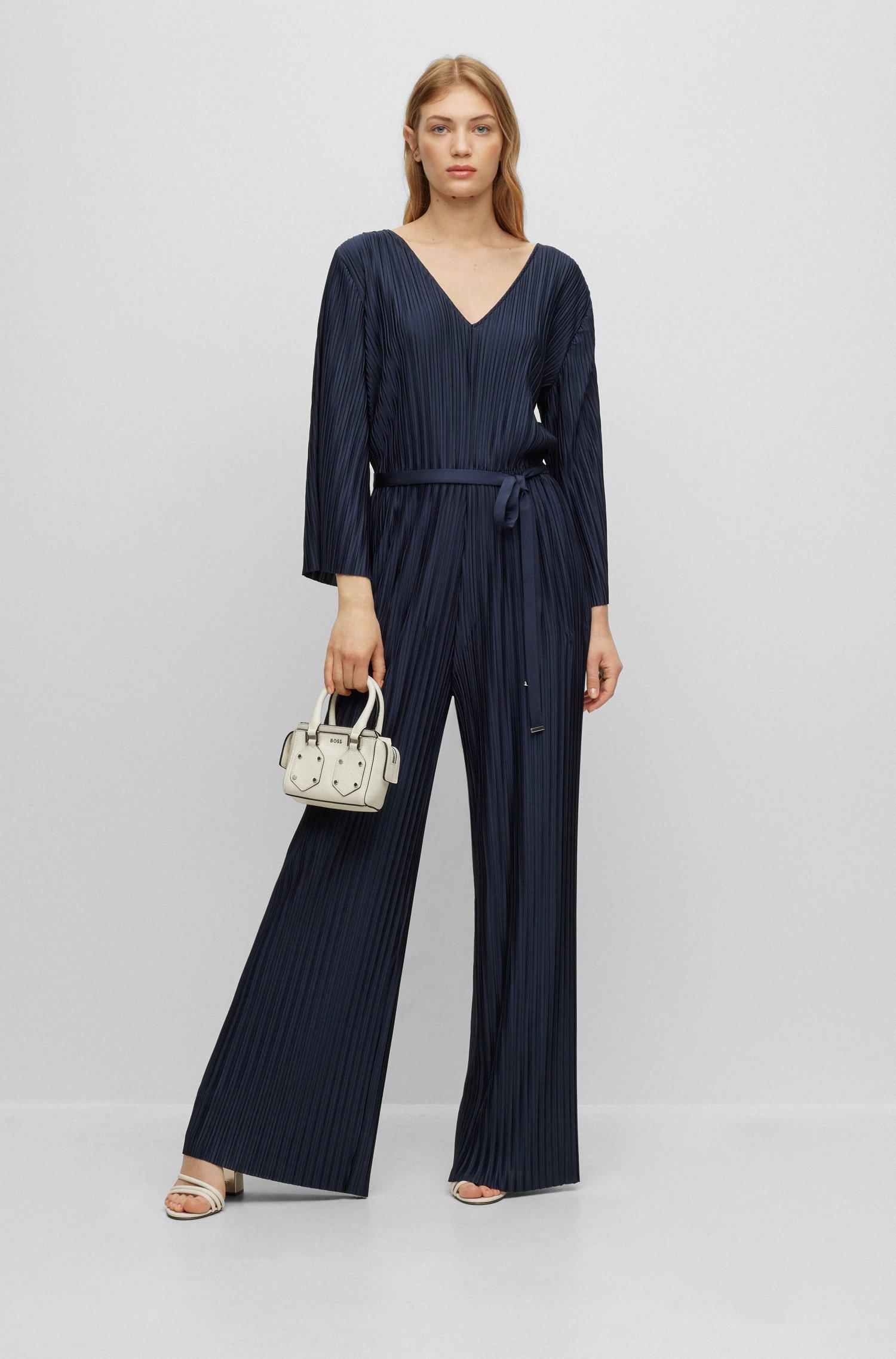 BOSS Long-sleeved V-neck Jumpsuit With Plissé Pleats in Blue Lyst UK