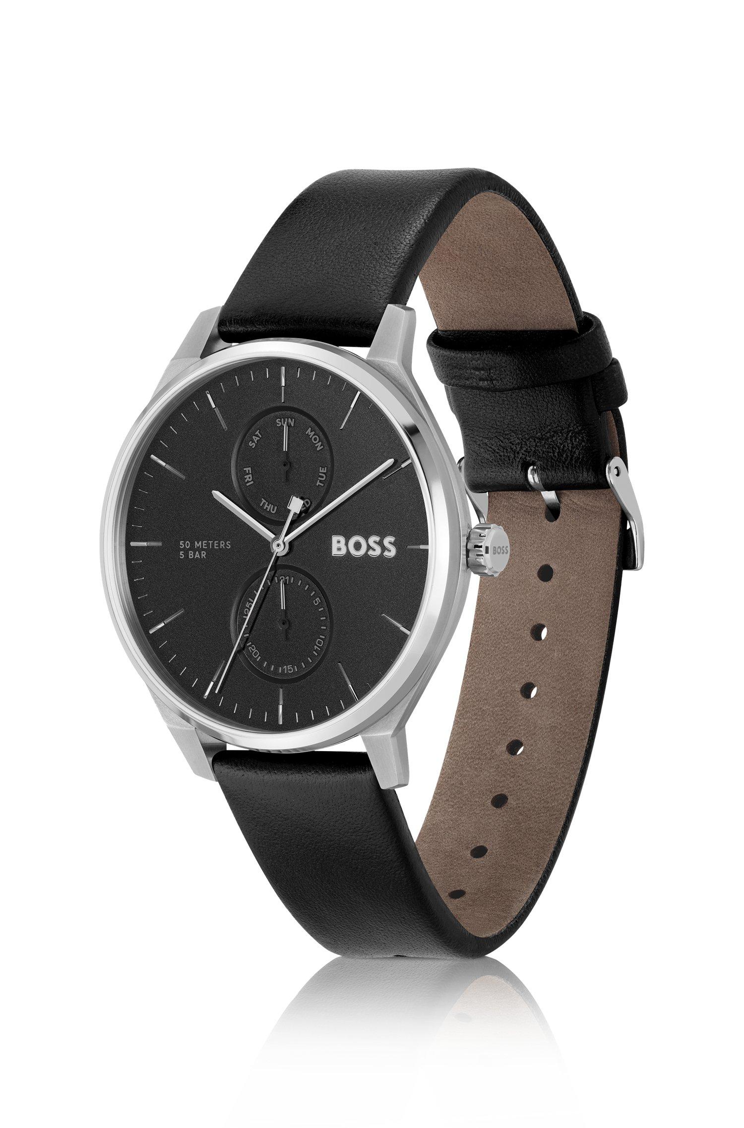 Boss watch black leather online
