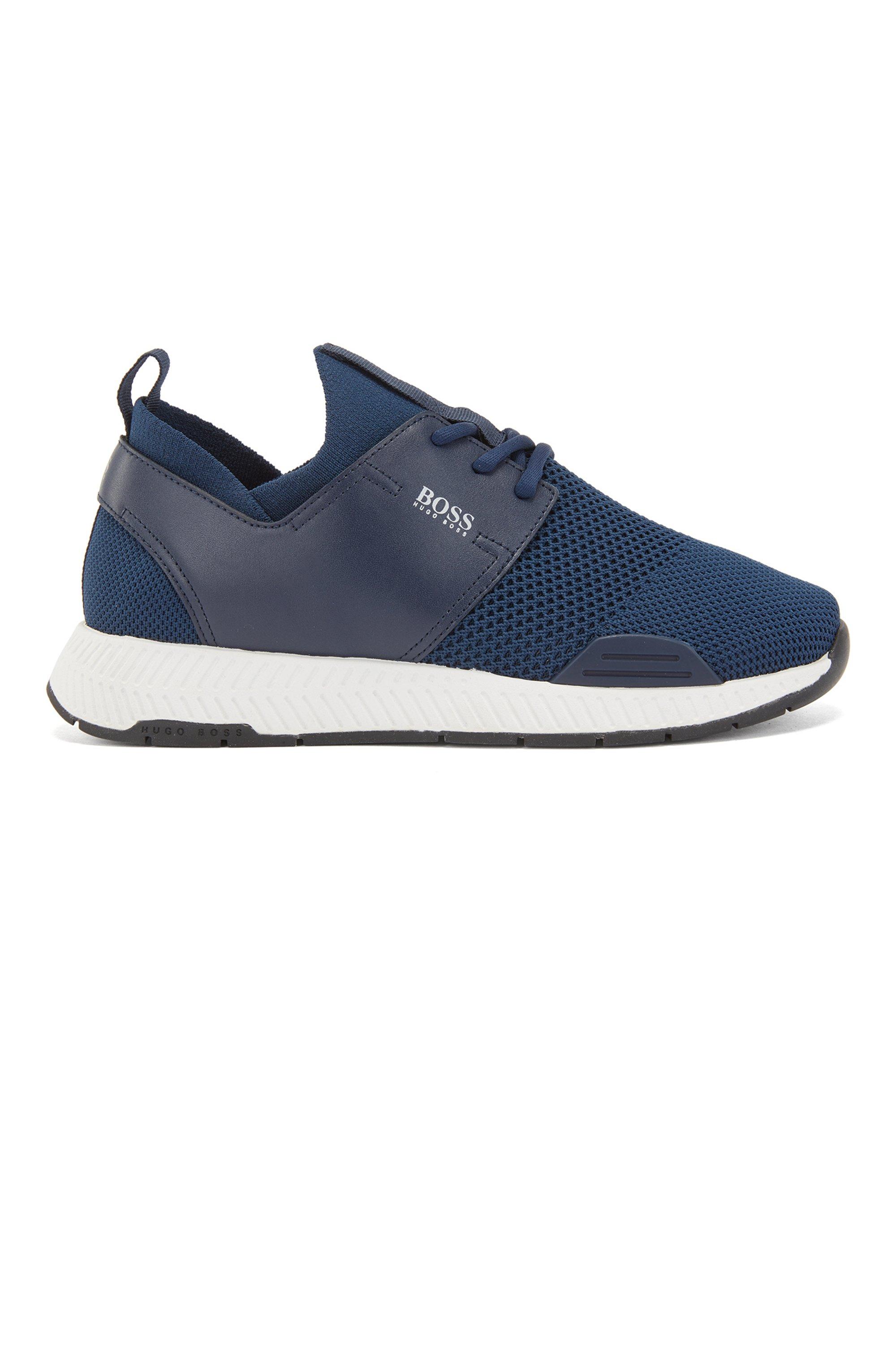 BOSS by HUGO BOSS Unisex Stretch-knit Trainers With Leather Panels- Dark  Blue Women's Sneakers Size 8 | Lyst