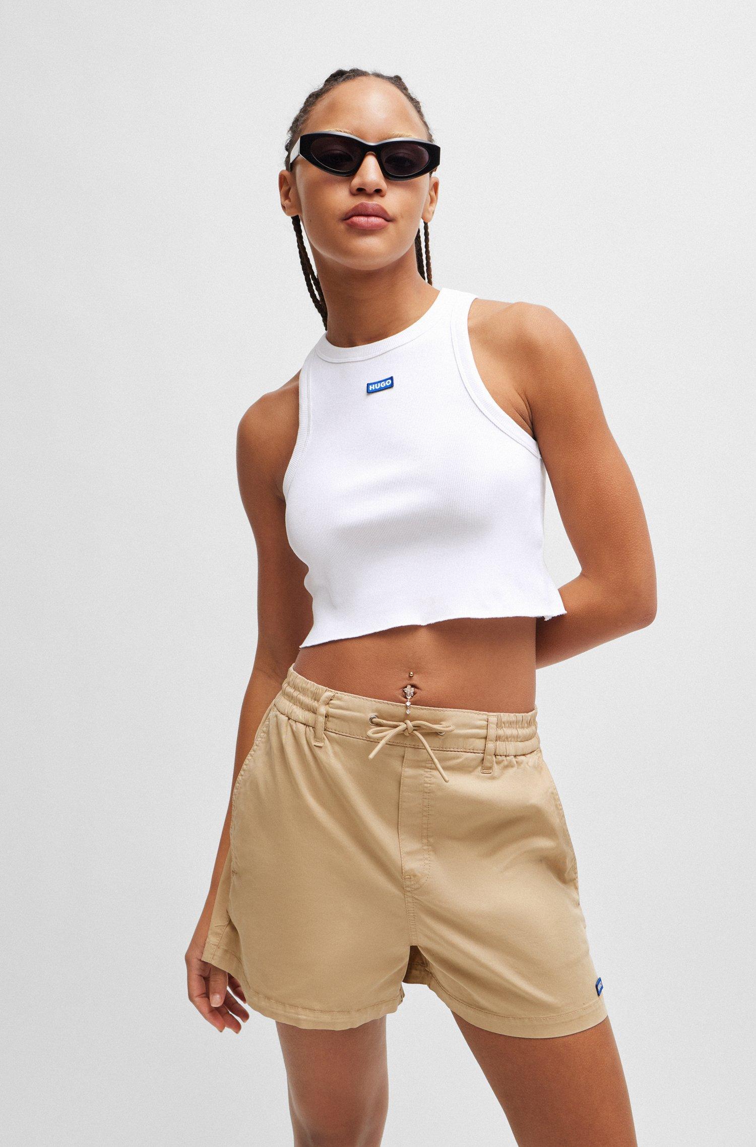 HUGO Stretch-cotton Cropped Tank Top With Blue Logo Label in White