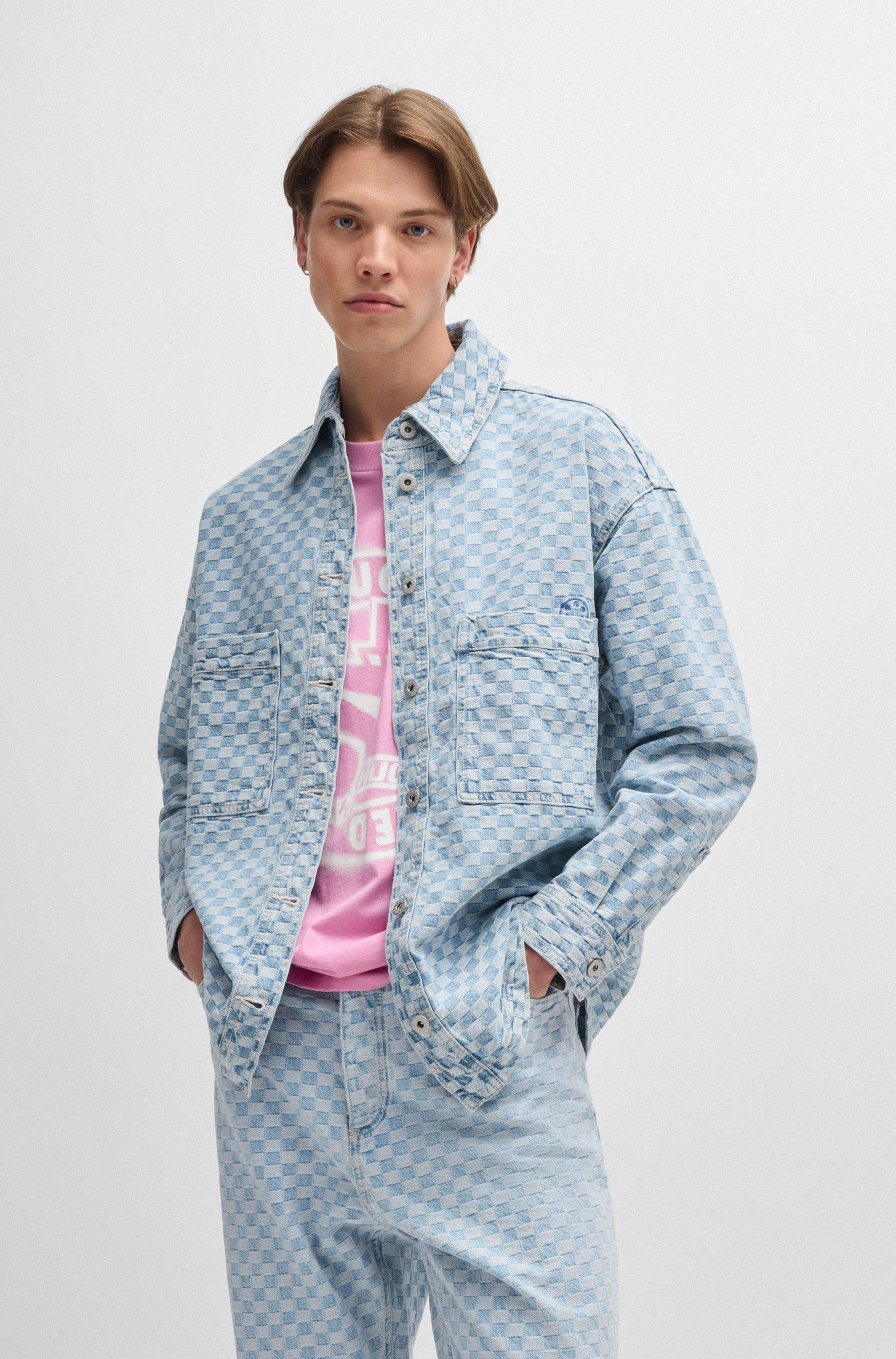 HUGO Denim Jacket With Checkerboard Jacquard in Blue Lyst
