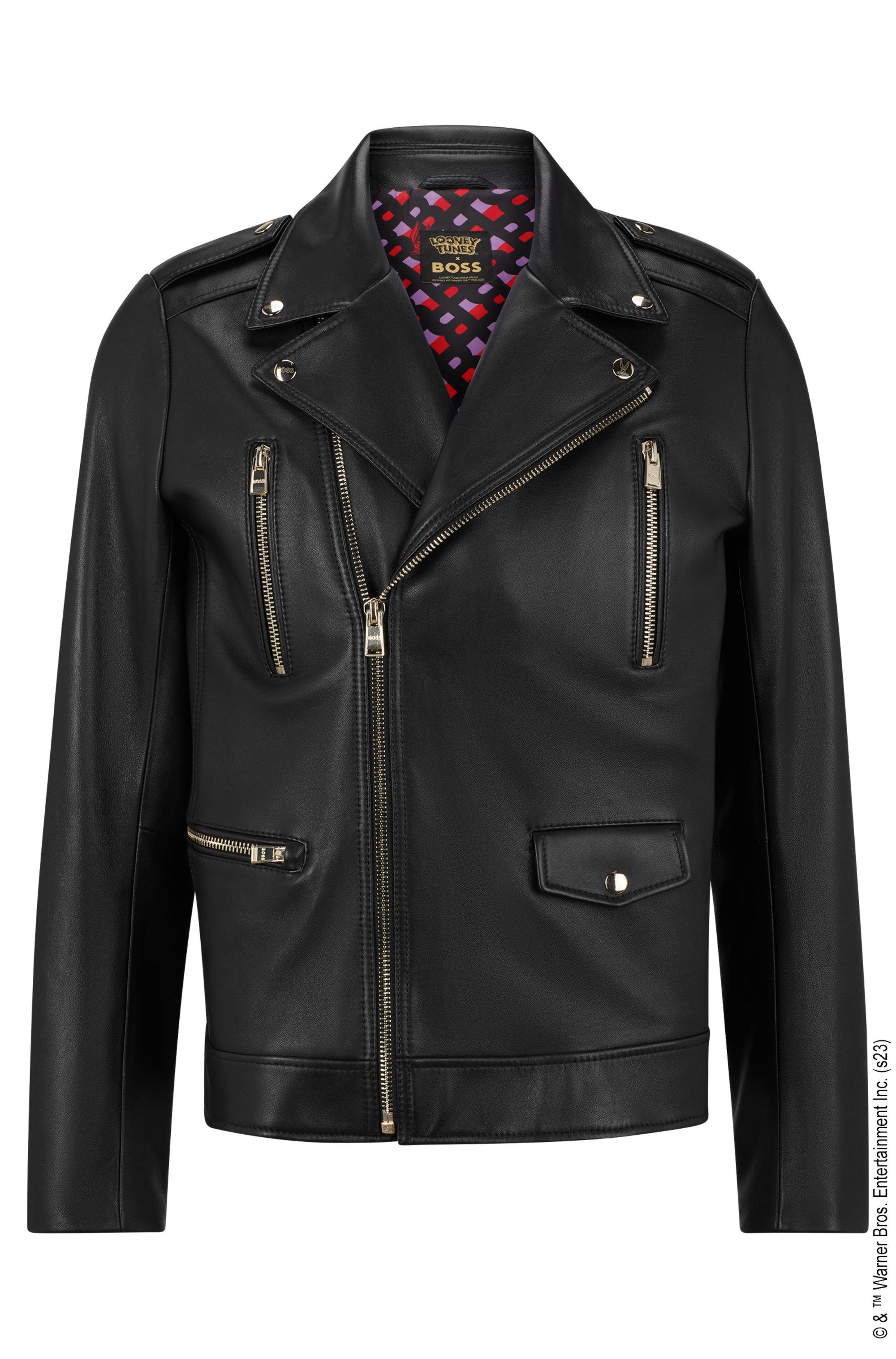 BOSS by HUGO BOSS Looney Tunes X Asymmetric Leather Jacket With Monogram  Lining in Black for Men | Lyst