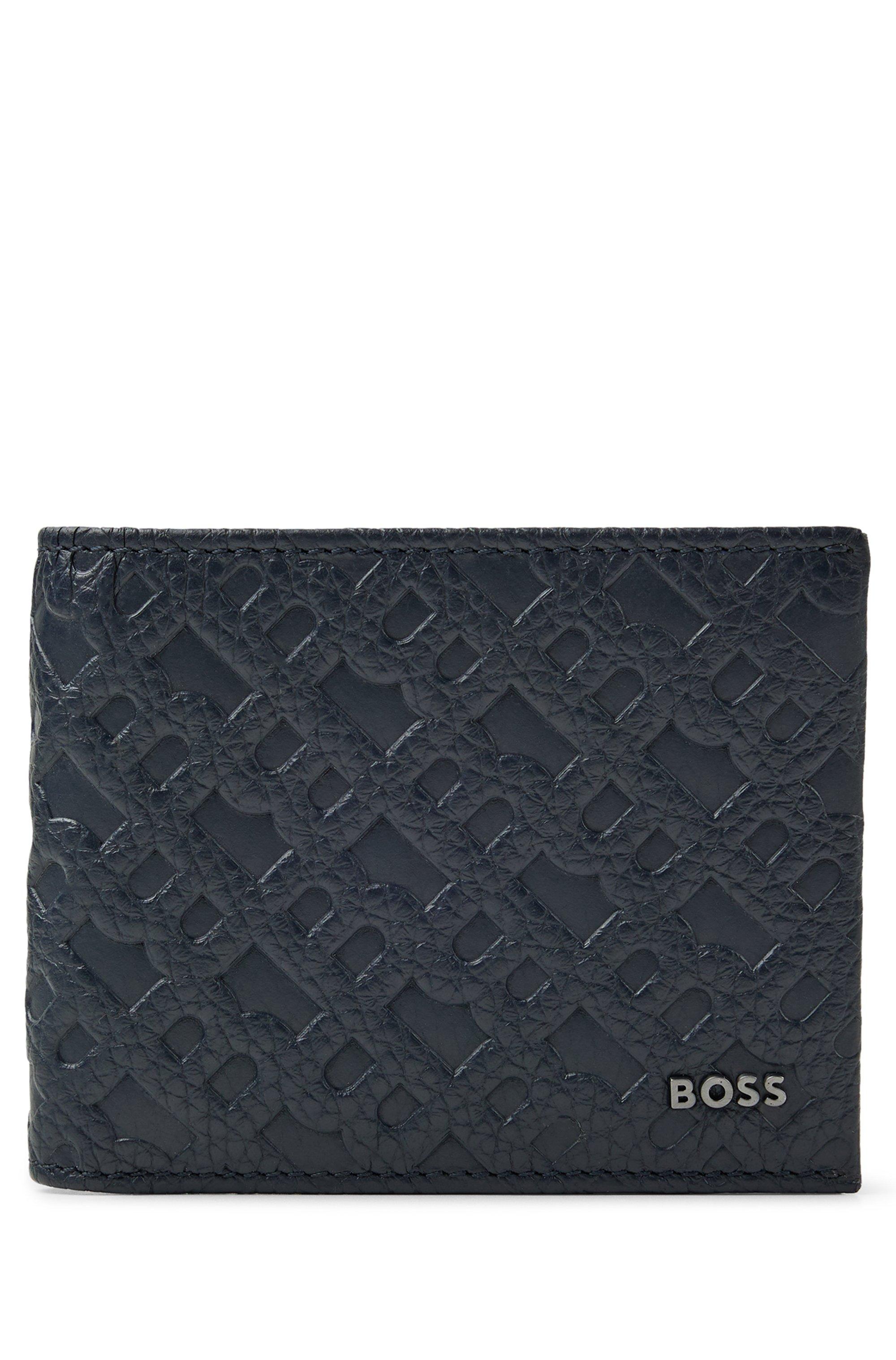 BOSS Monogram-embossed Billfold Wallet In Grained Leather in Blue for Men |  Lyst