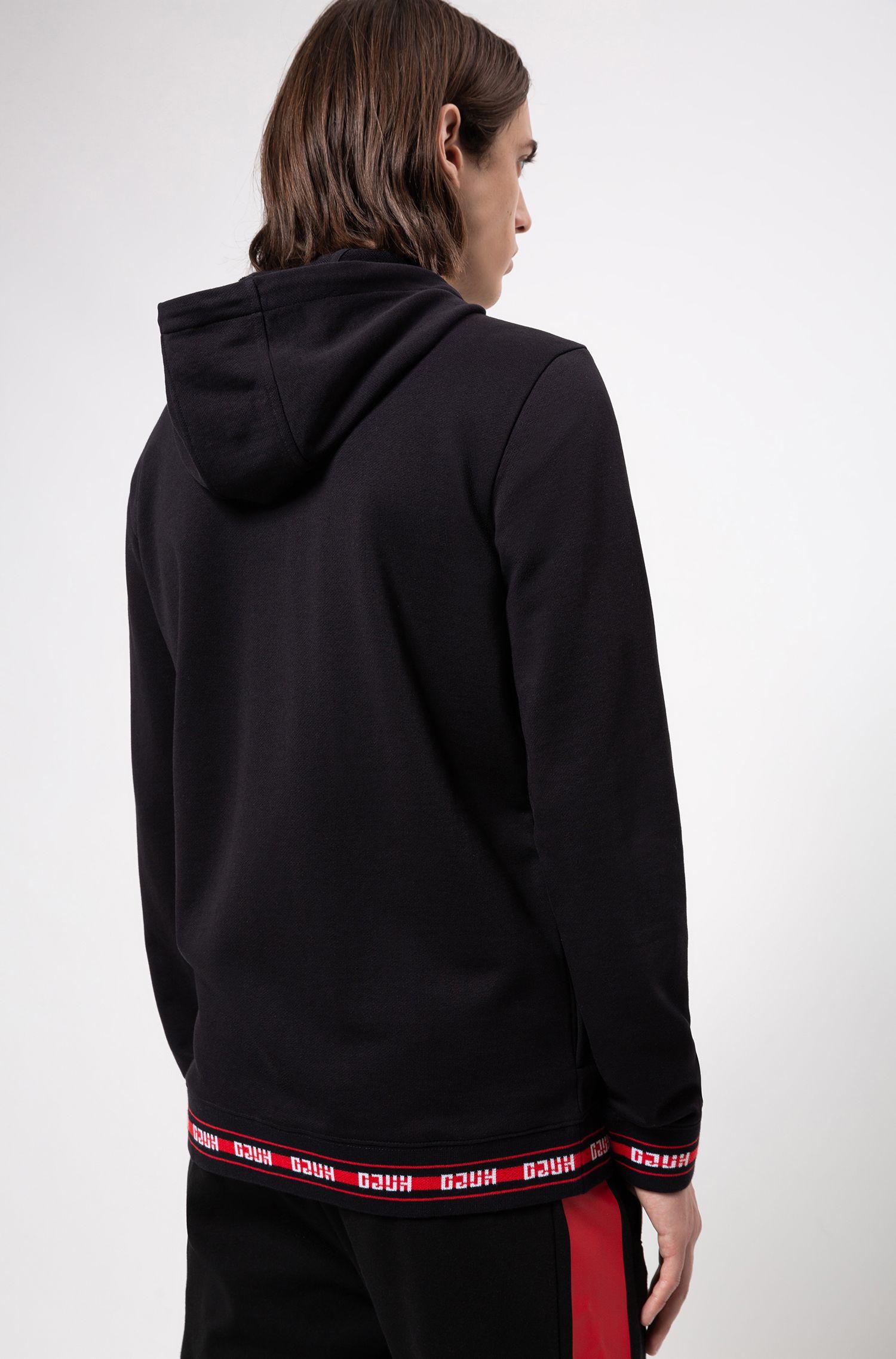 HUGO Cotton Zipthrough Hoodie In French Terry With Logo Trims in Black