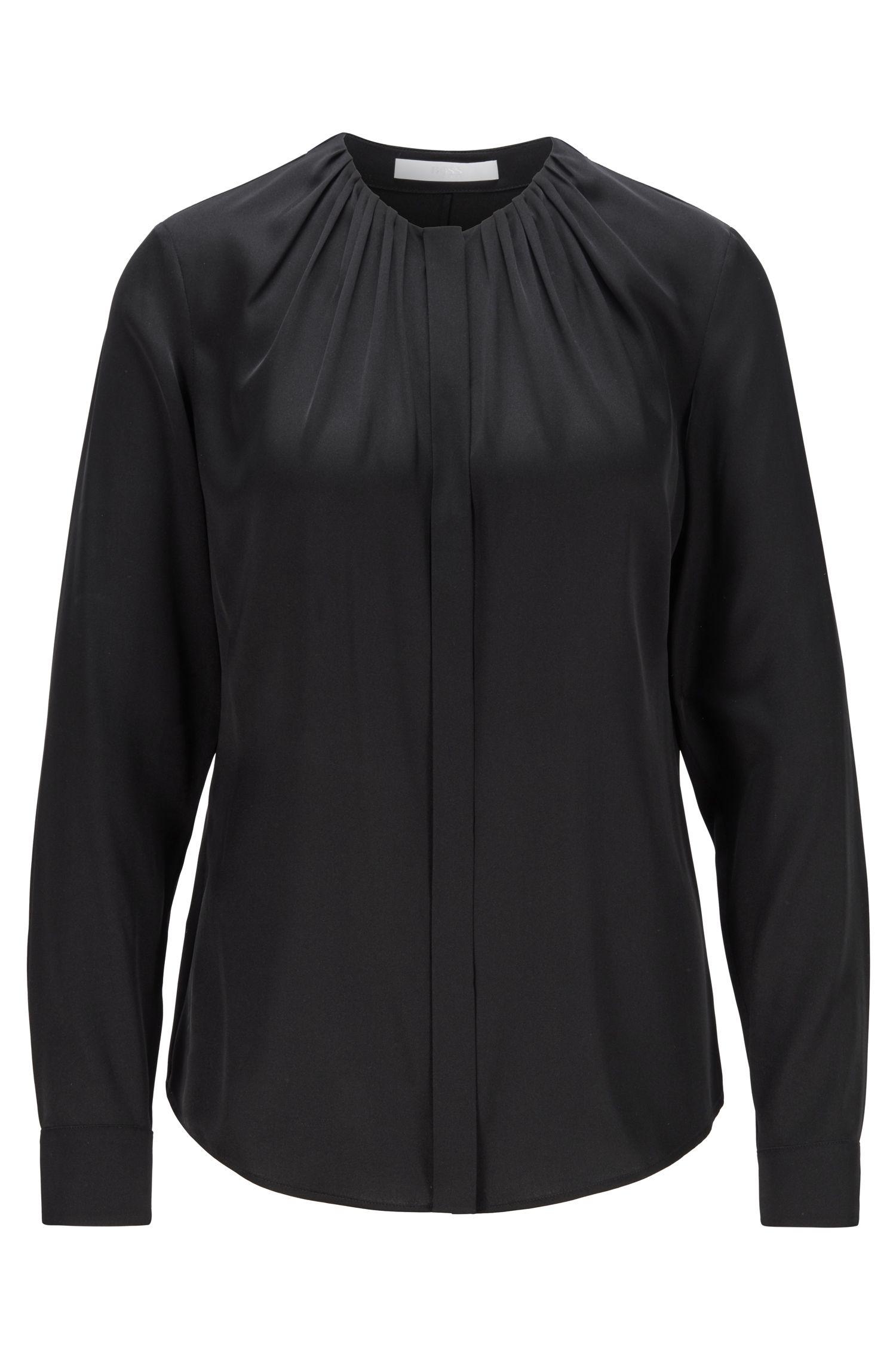 BOSS by Hugo Boss Silk Blend Blouse With Gathered Neckline in Black - Lyst