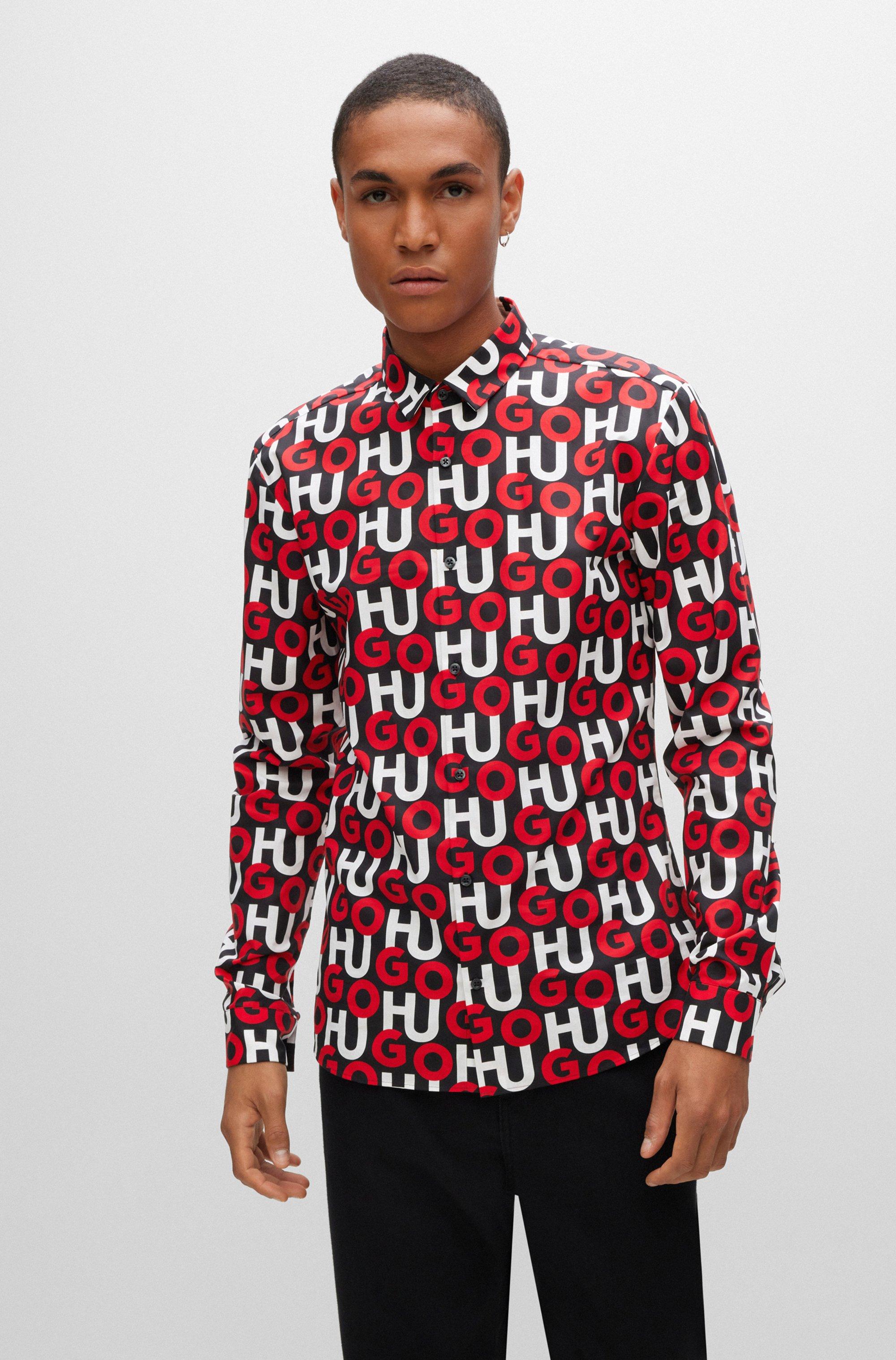 BOSS by HUGO BOSS Extra-slim-fit Shirt In Logo-print Cotton Poplin in Red  for Men | Lyst