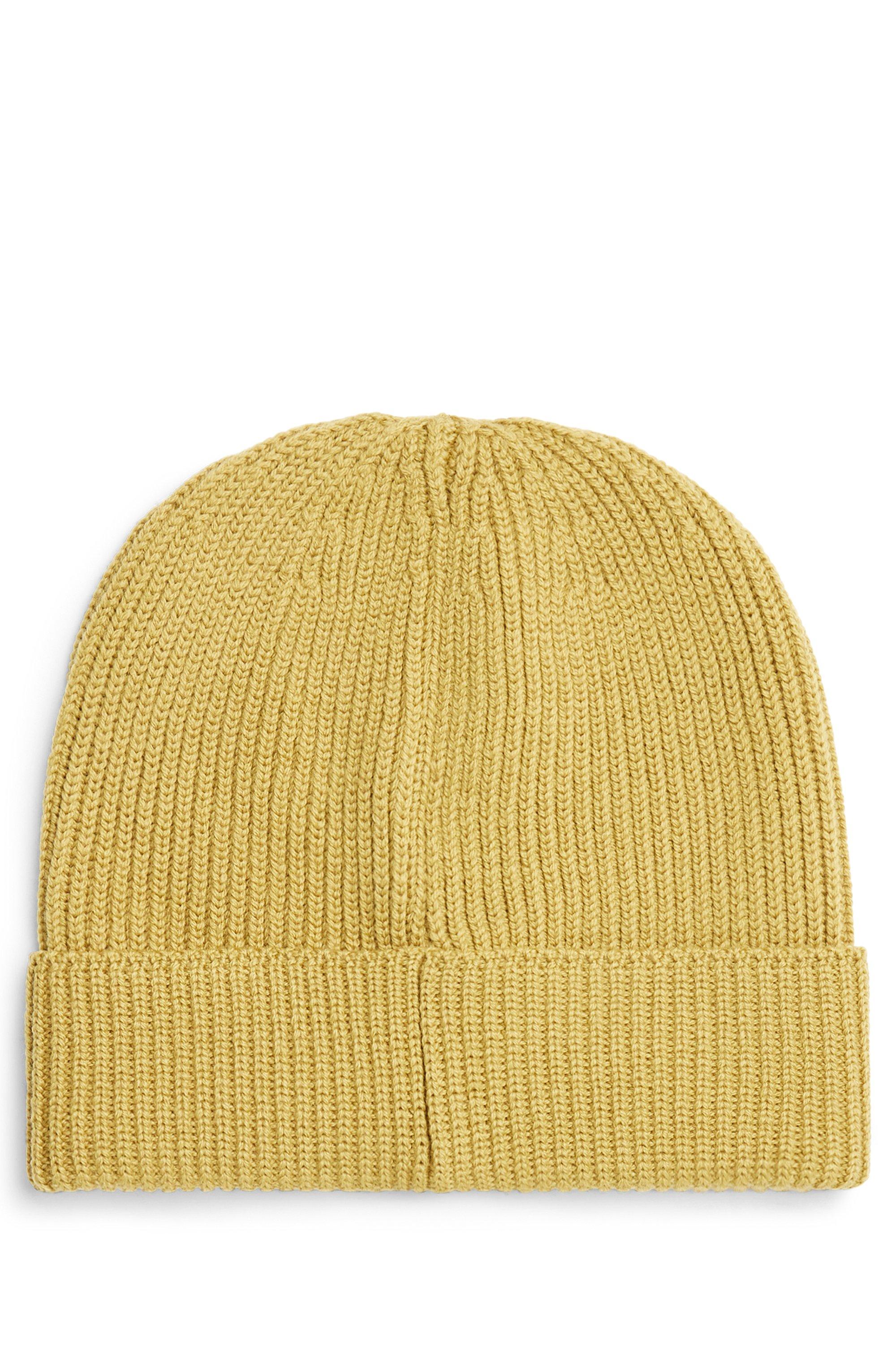 BOSS by HUGO BOSS Beanie Hat In Virgin Wool With Faux-leather Logo in  Yellow for Men | Lyst