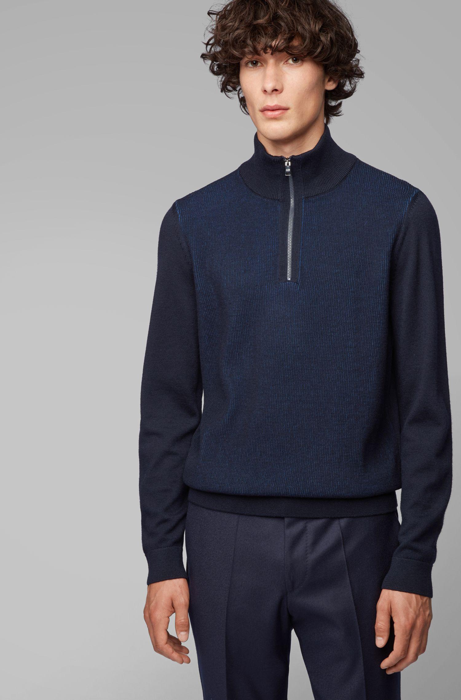 BOSS Regular-fit Sweater In Virgin Wool With Zipper Neck in Dark Blue ...