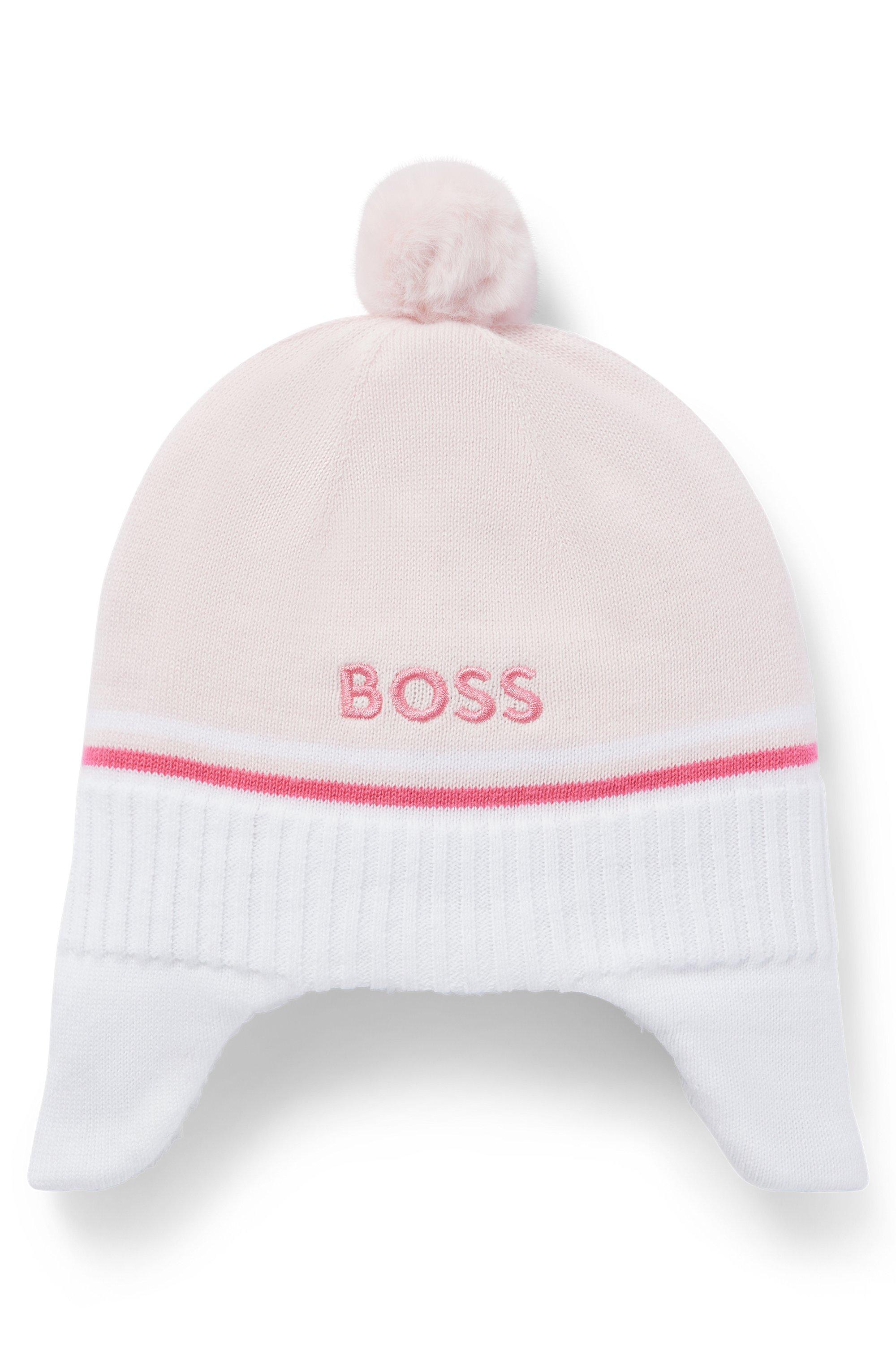 BOSS by HUGO BOSS Baby Hat In Knitted Cotton With Logo And Pompom in White  | Lyst