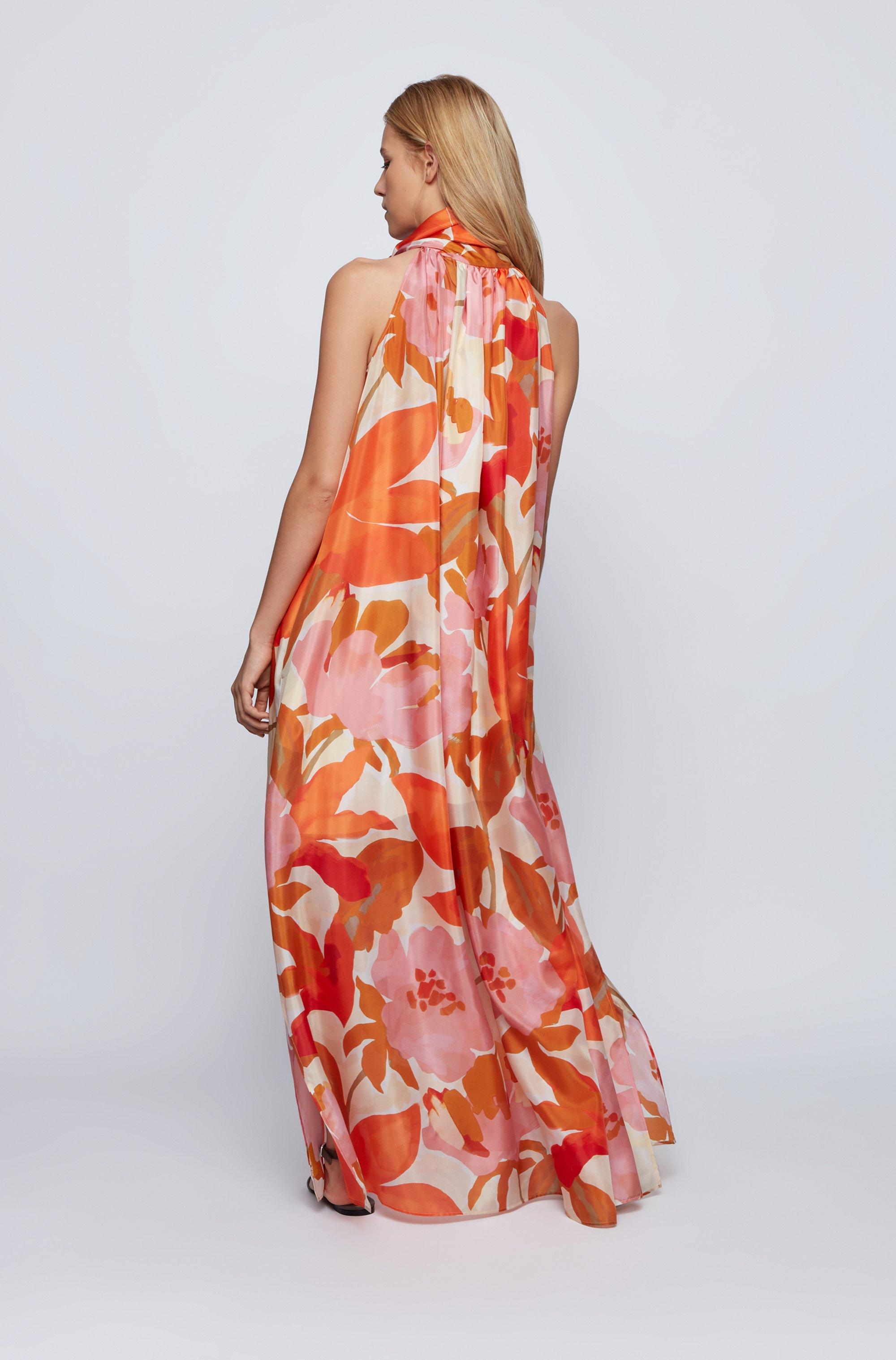 BOSS by HUGO BOSS Printed Silk Maxi Dress With Tie Neck | Lyst