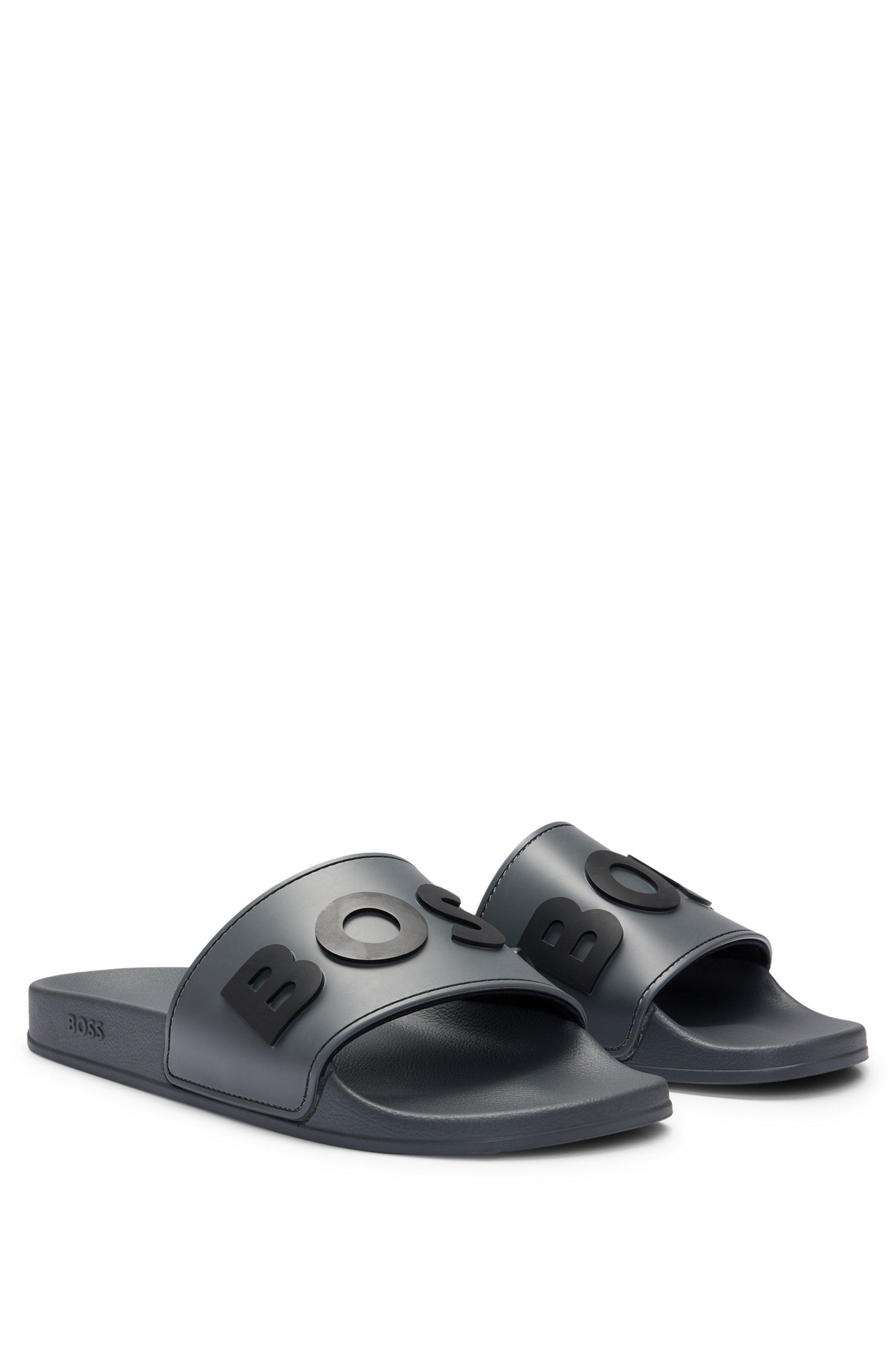 BOSS Italian-made Slides With Raised Logo in Black for Men