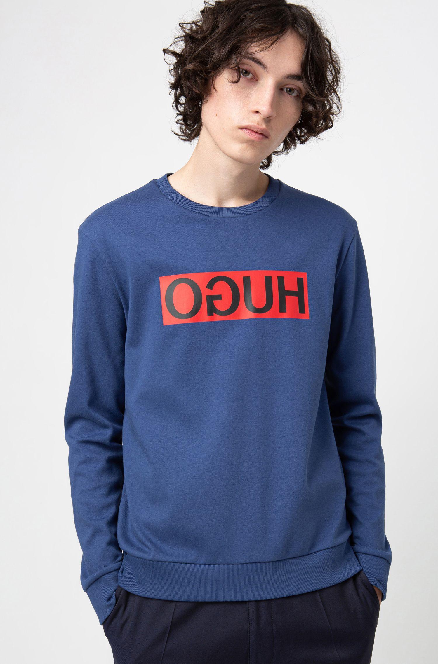 HUGO Cotton Regular-fit Sweatshirt With Reverse-logo Print in Blue for ...