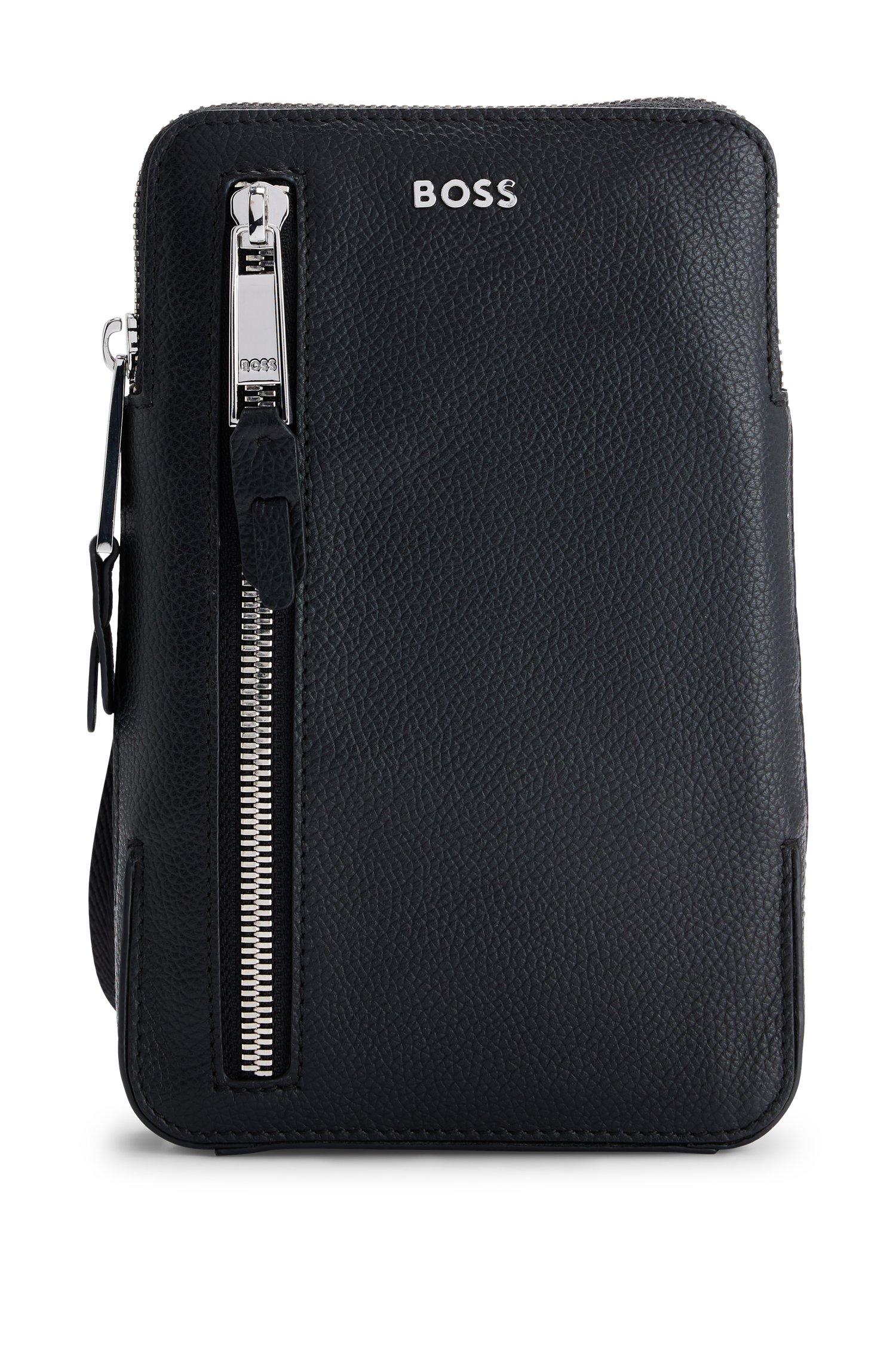 BOSS Phone Holder In Grained Leather With Metallic Logo Lettering in