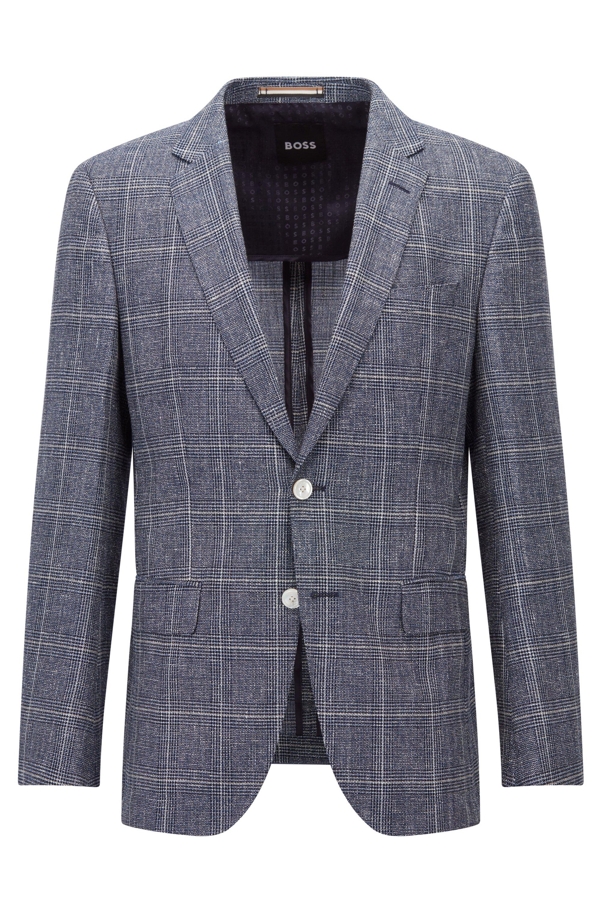 BOSS by HUGO BOSS Slim-fit Jacket In A Checked Wool-linen Blend in Blue for  Men | Lyst