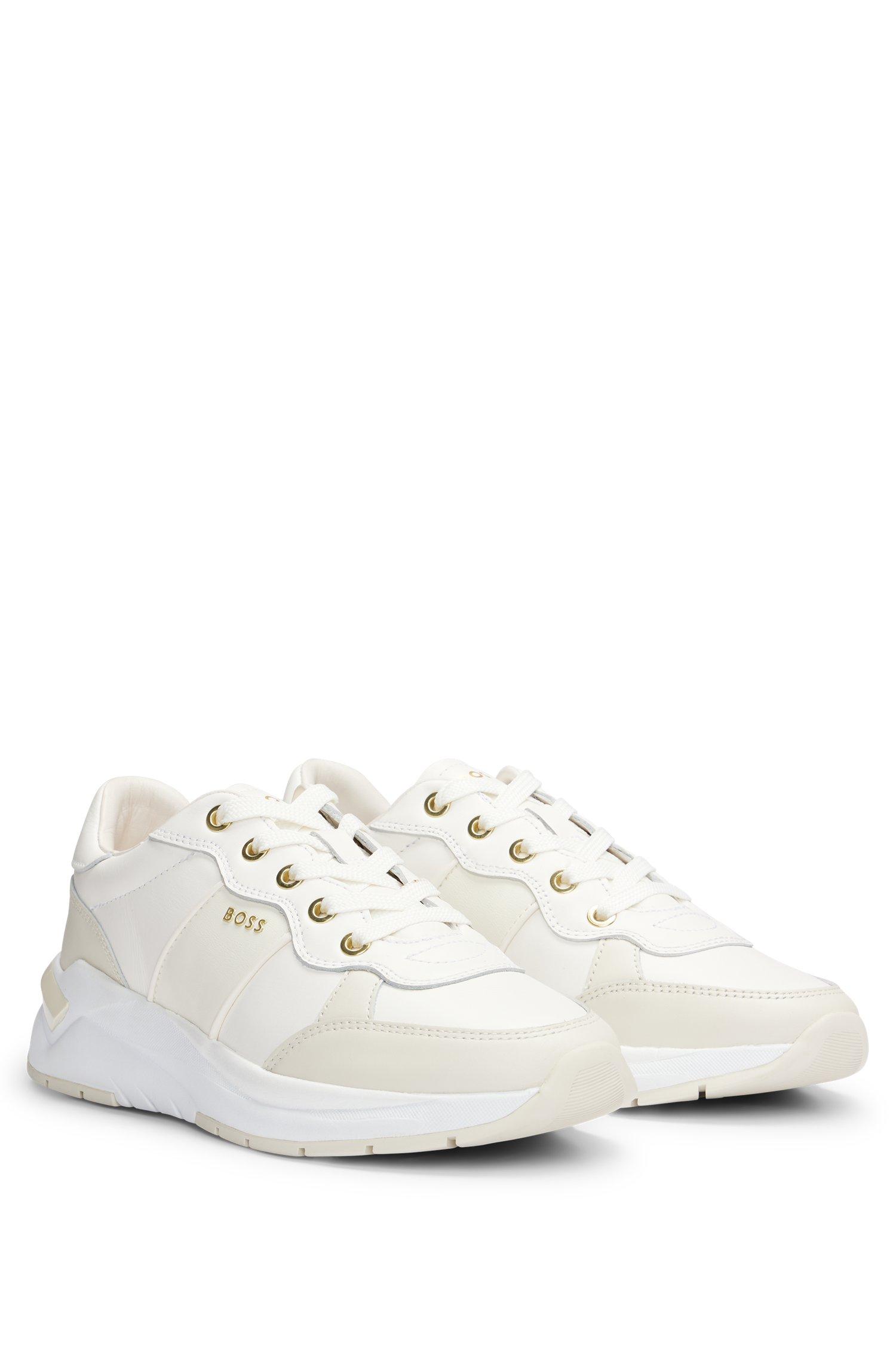 BOSS Leather Lace up Trainers With Gold tone Logo in White Lyst UK