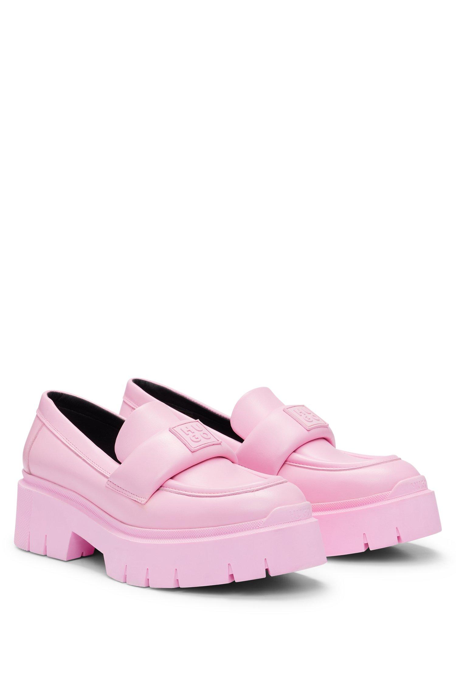 HUGO Leather Loafers With Platform Sole And Branded Strap in Pink