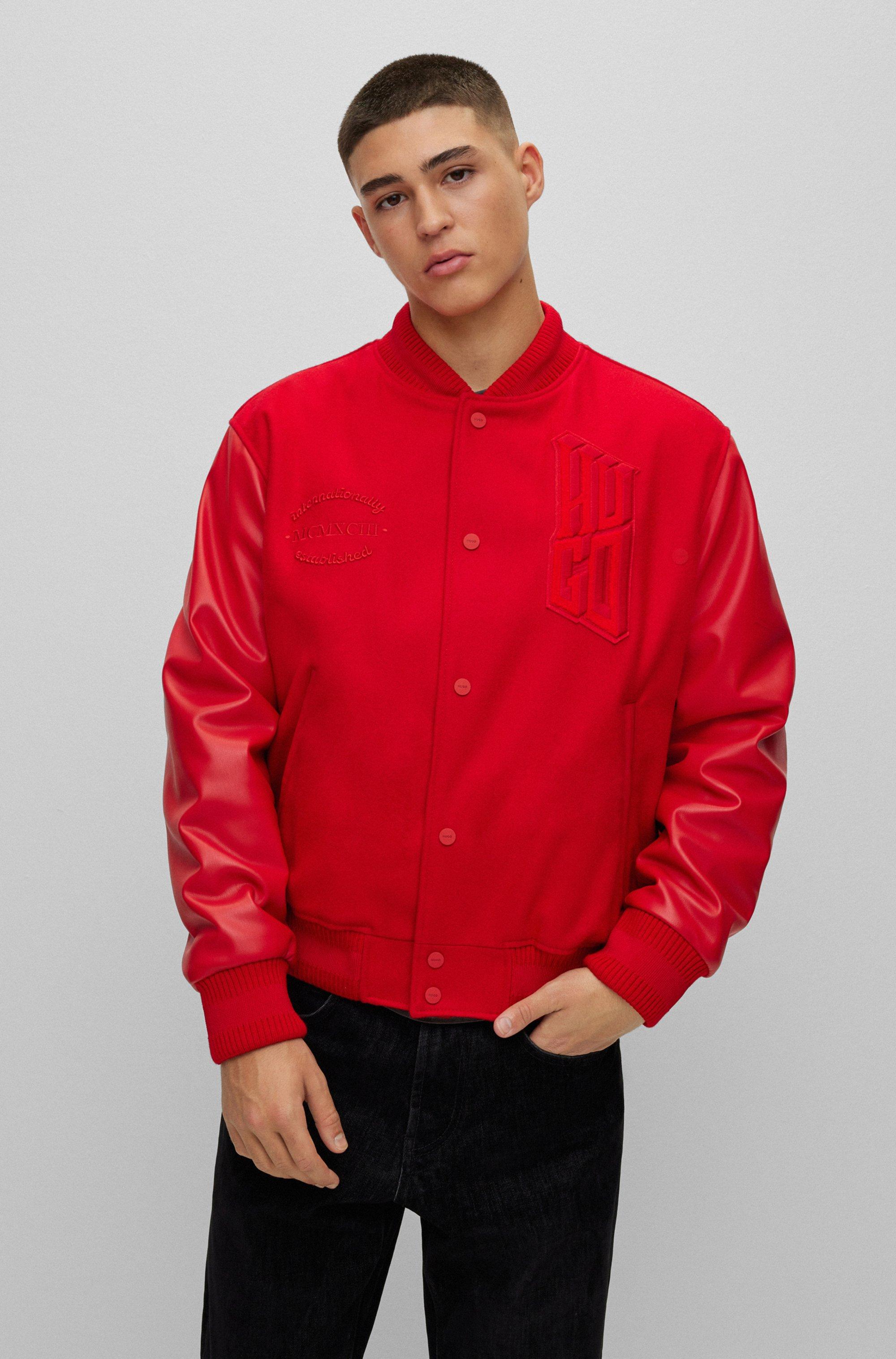 HUGO Regular-Fit College-Jacke mit Samt-Aufnähern in Rot für
