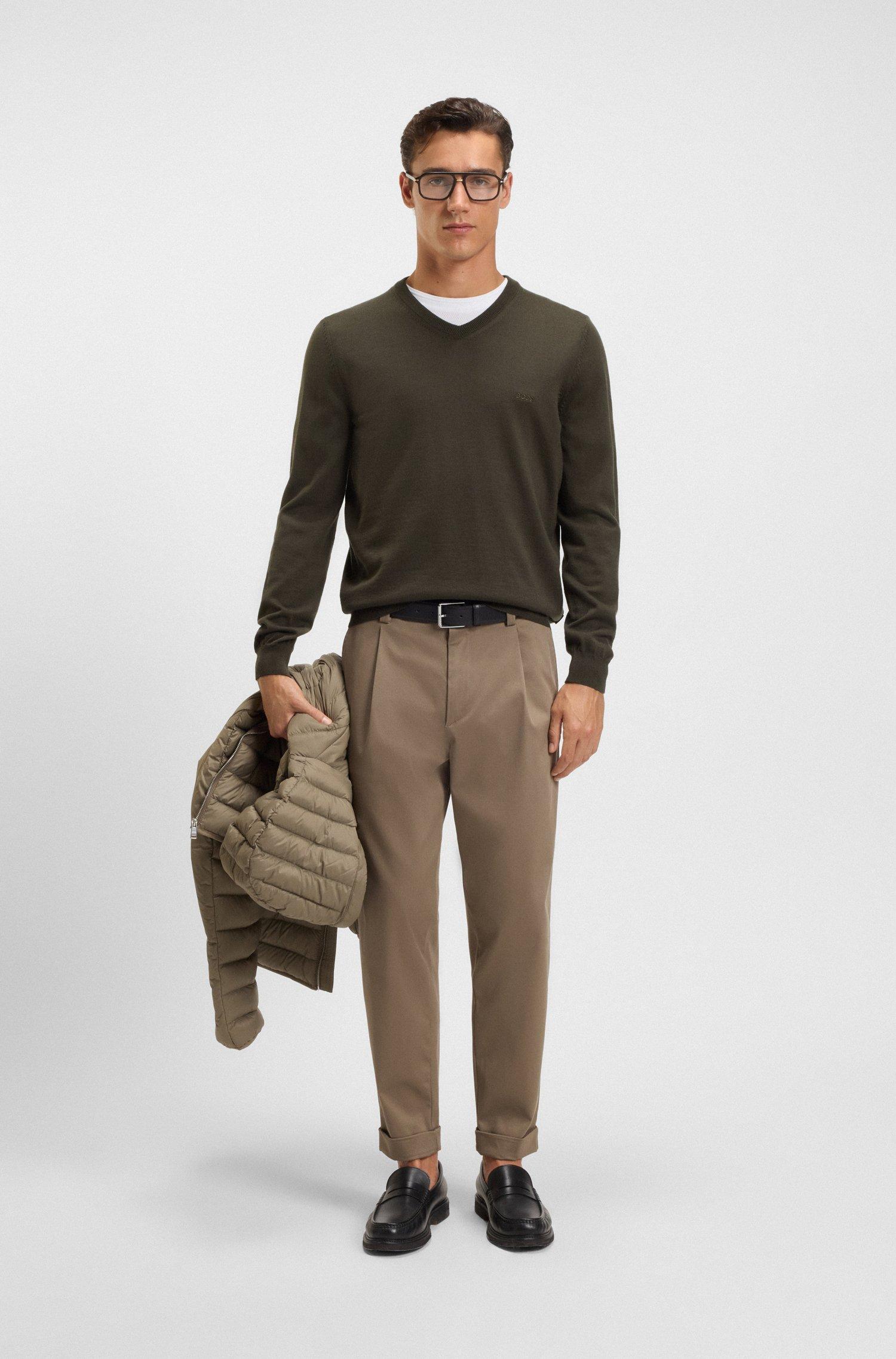 BOSS Pullover Aus Schurwolle Mit V-Ausschnitt Und Logo-Stickerei